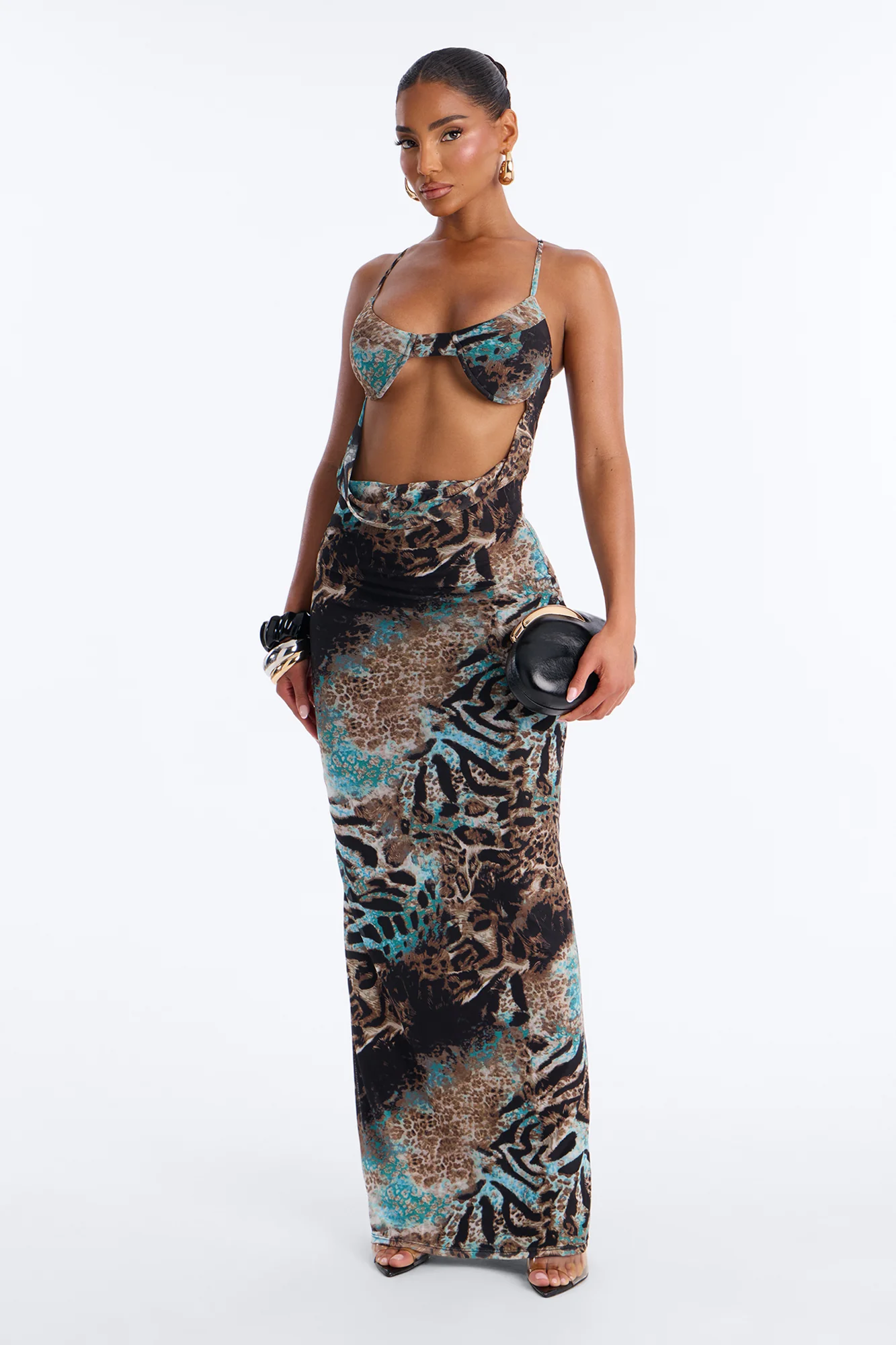 Portia Cut Out Mesh Maxi Dress - Brown/combo