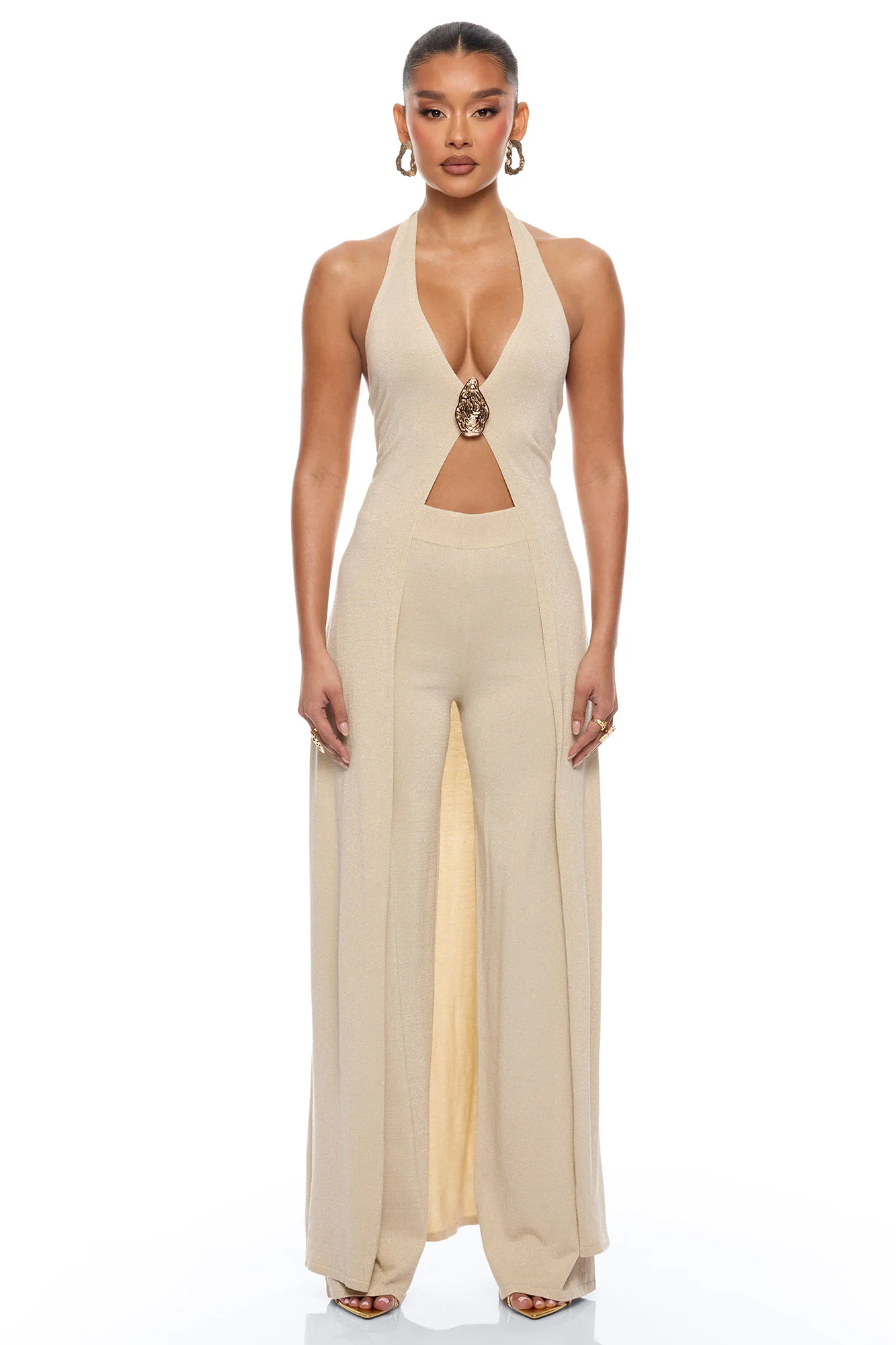 Portia Metallic Sweater Pant Set - Champagne