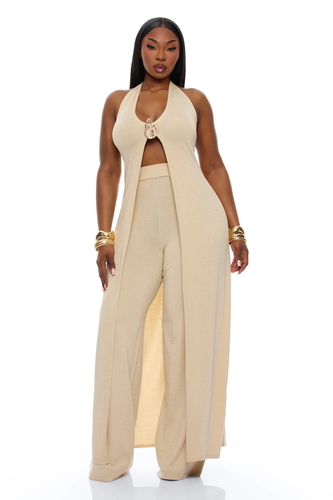 Portia Metallic Sweater Pant Set - Champagne - Image 5
