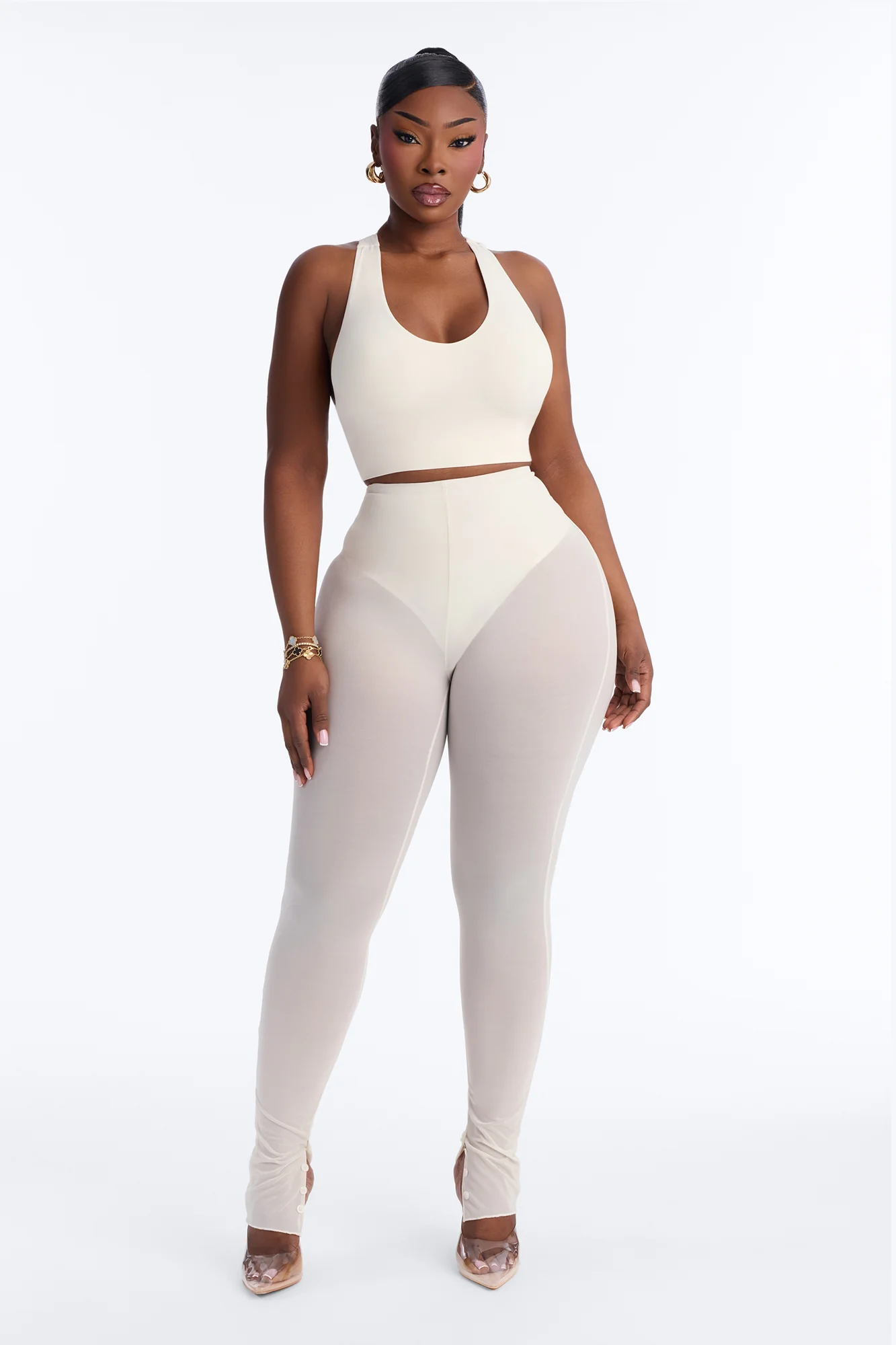 Power Mesh High Waisted Leggings - Bone - Image 5