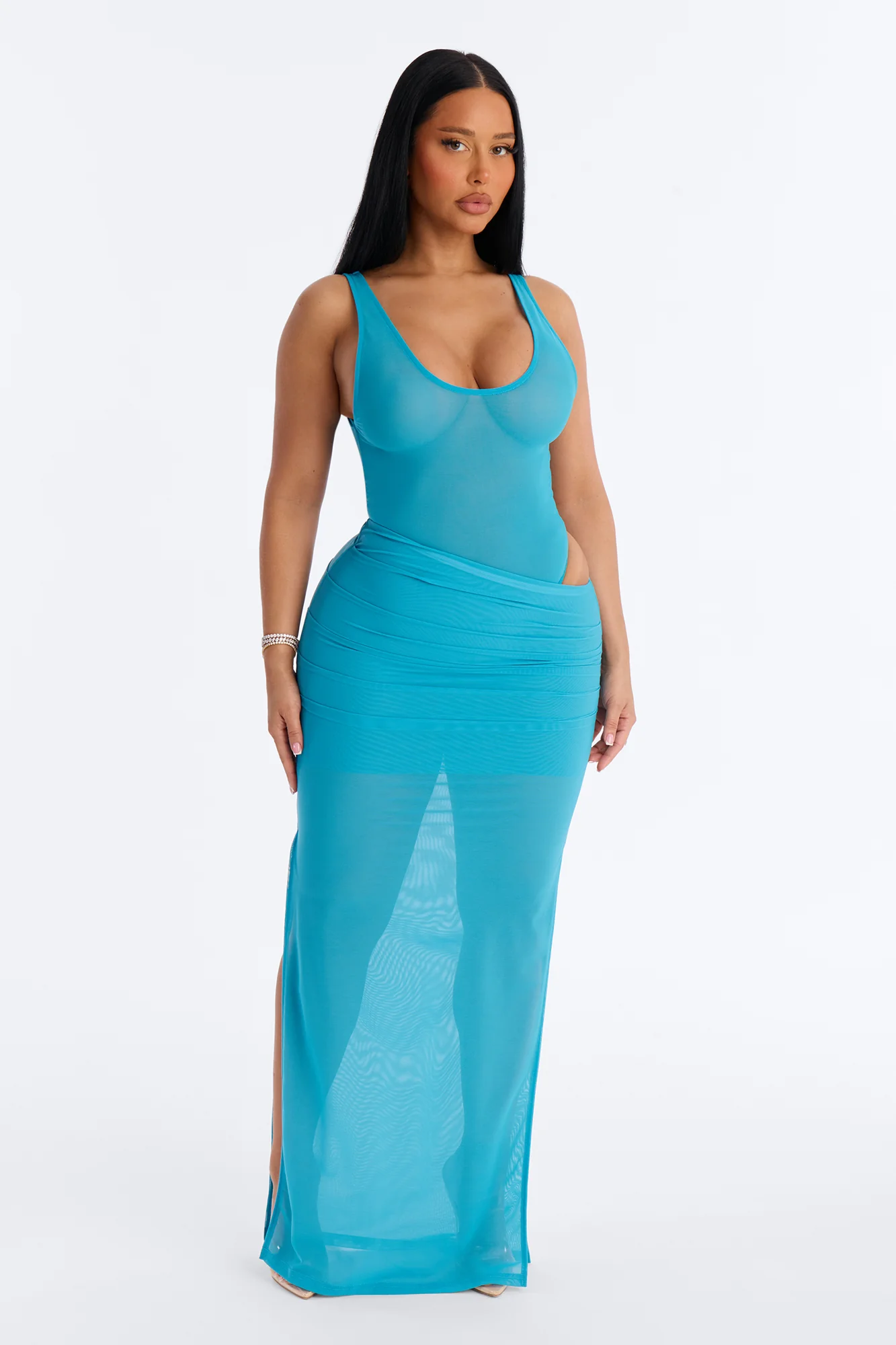 Power Mesh Ruched Maxi Skirt - Blue