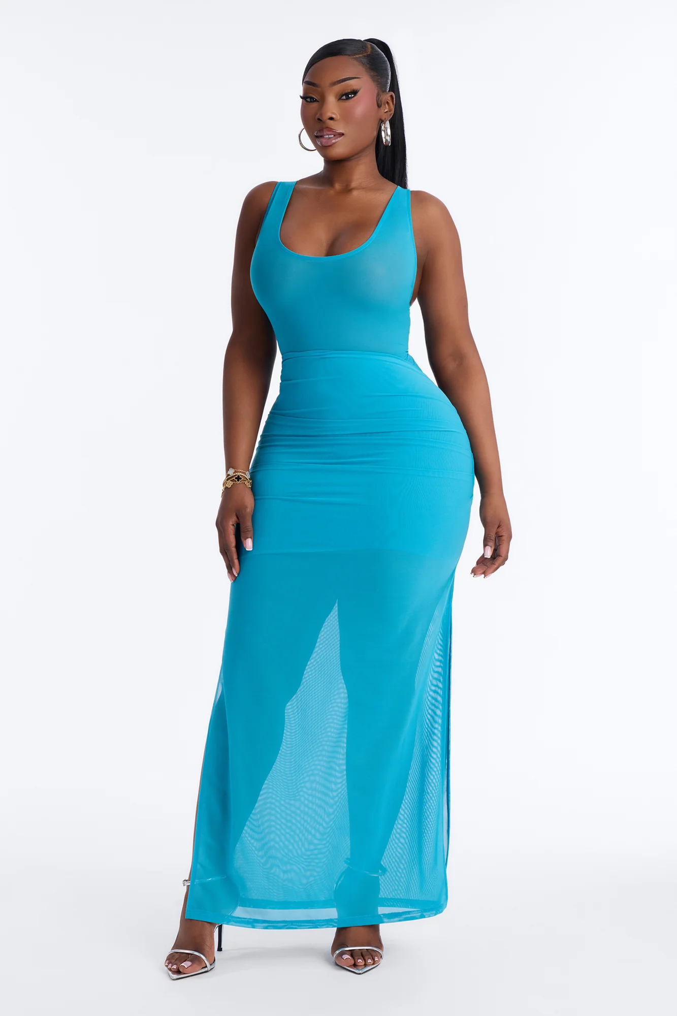 Power Mesh Ruched Maxi Skirt - Blue - Image 5