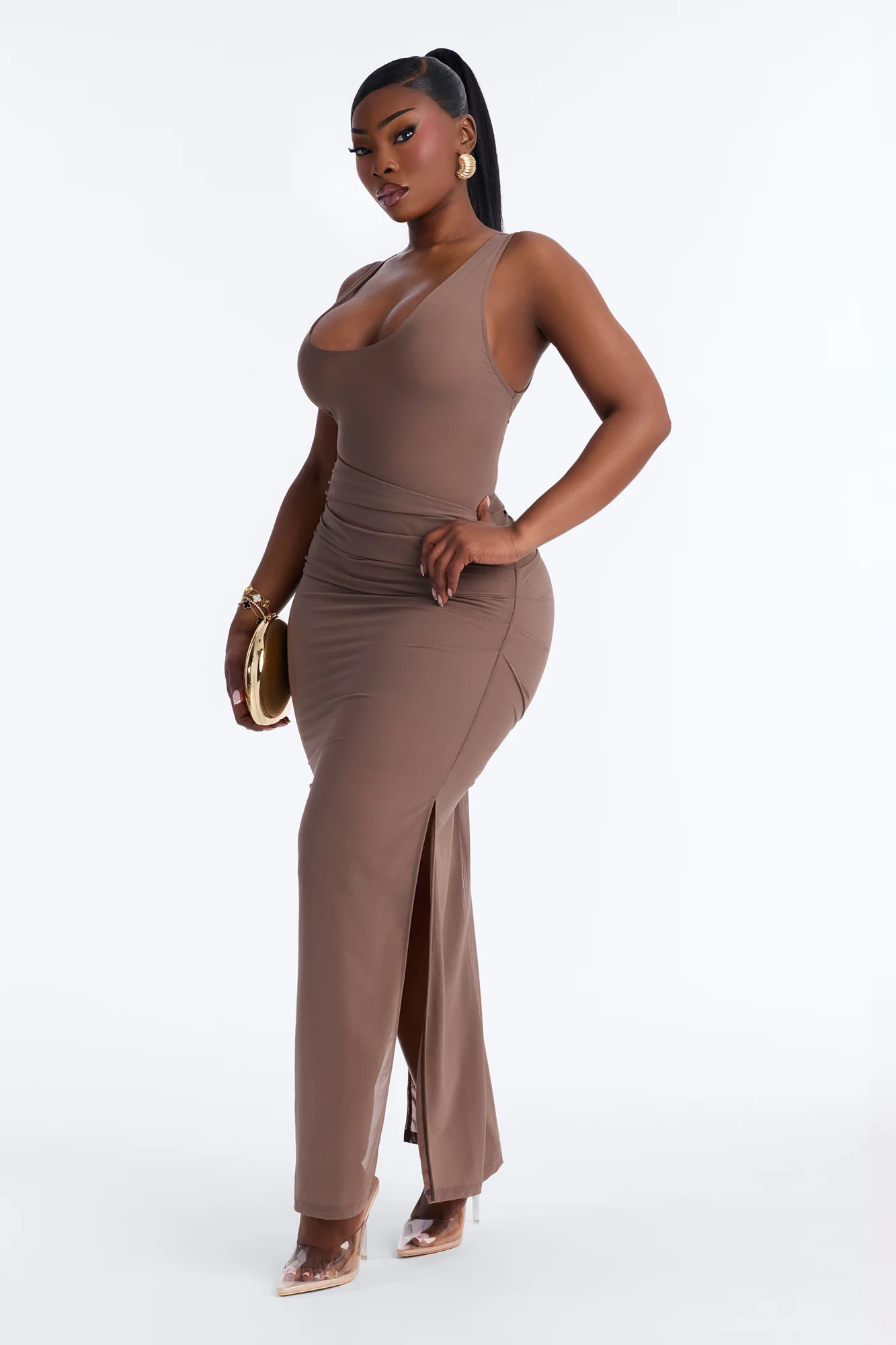Power Mesh Ruched Maxi Skirt - Brown - Image 5