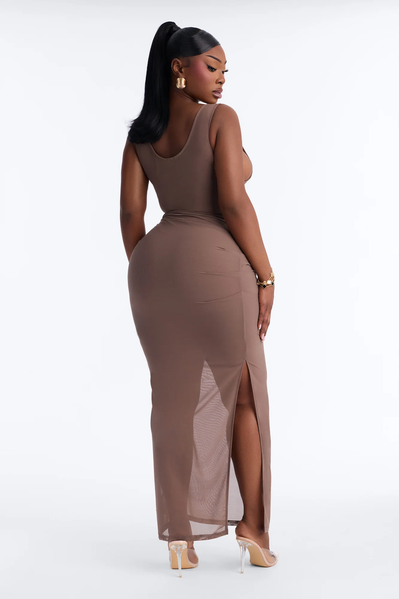 Power Mesh Ruched Maxi Skirt - Brown - Image 8