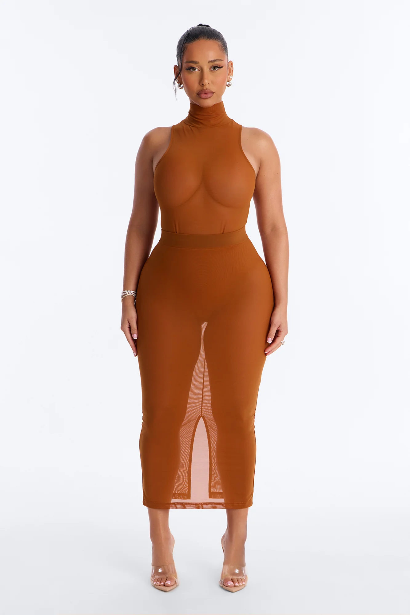 Power Mesh Turtle Neck Sleeveless Bodysuit - Copper - Image 3