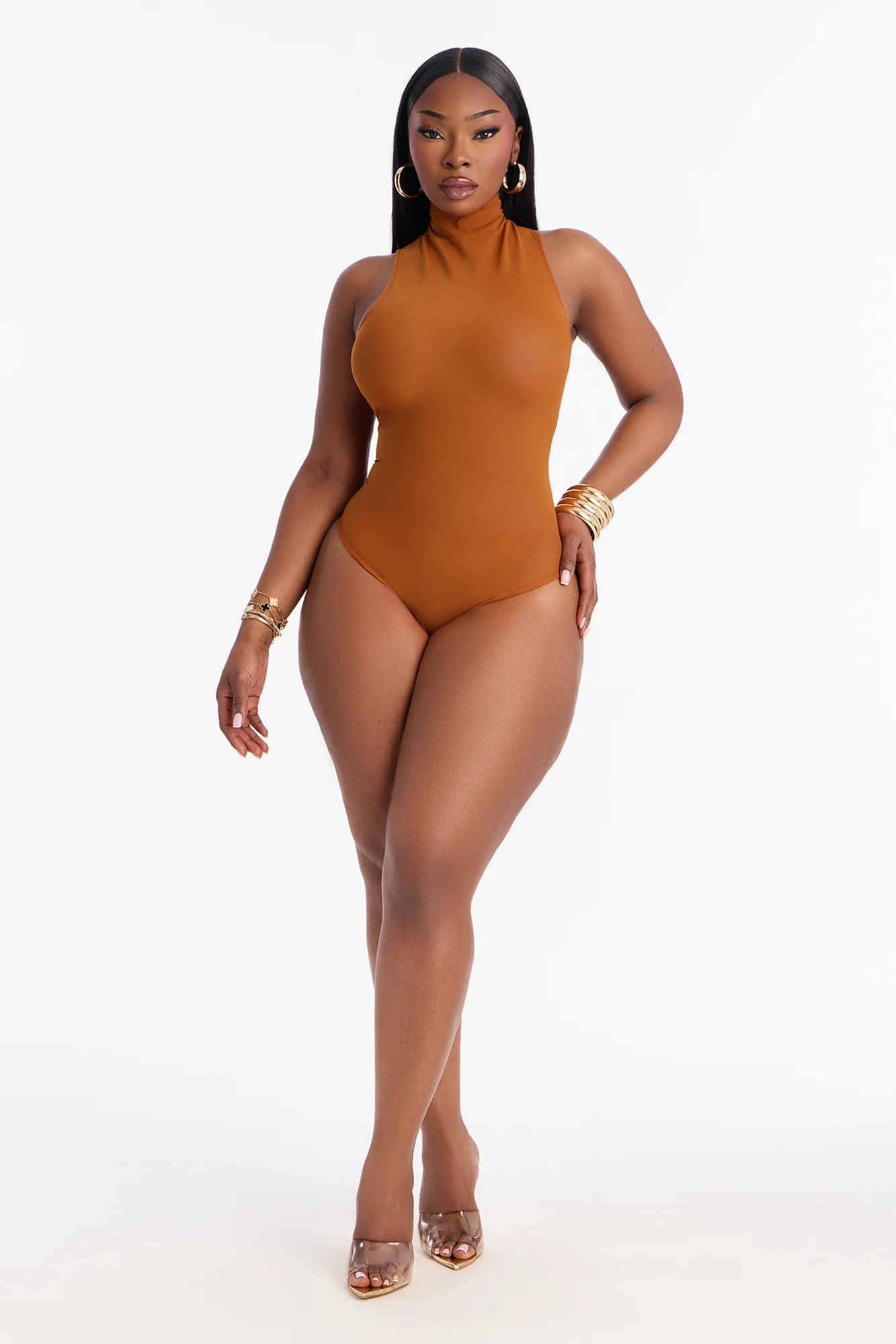 Power Mesh Turtle Neck Sleeveless Bodysuit - Copper - Image 7