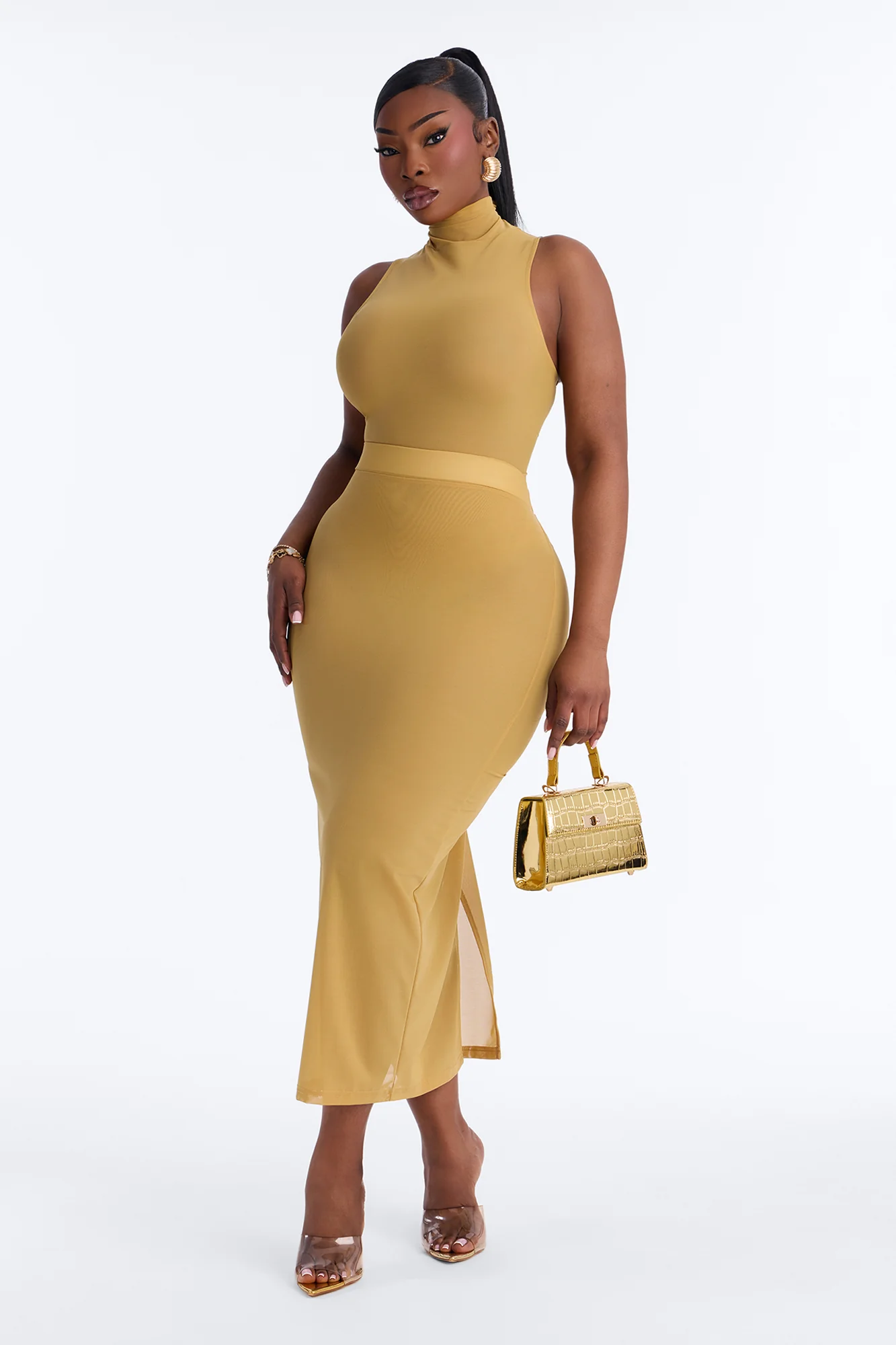 Power Mesh Turtle Neck Sleeveless Bodysuit - Honey - Image 6