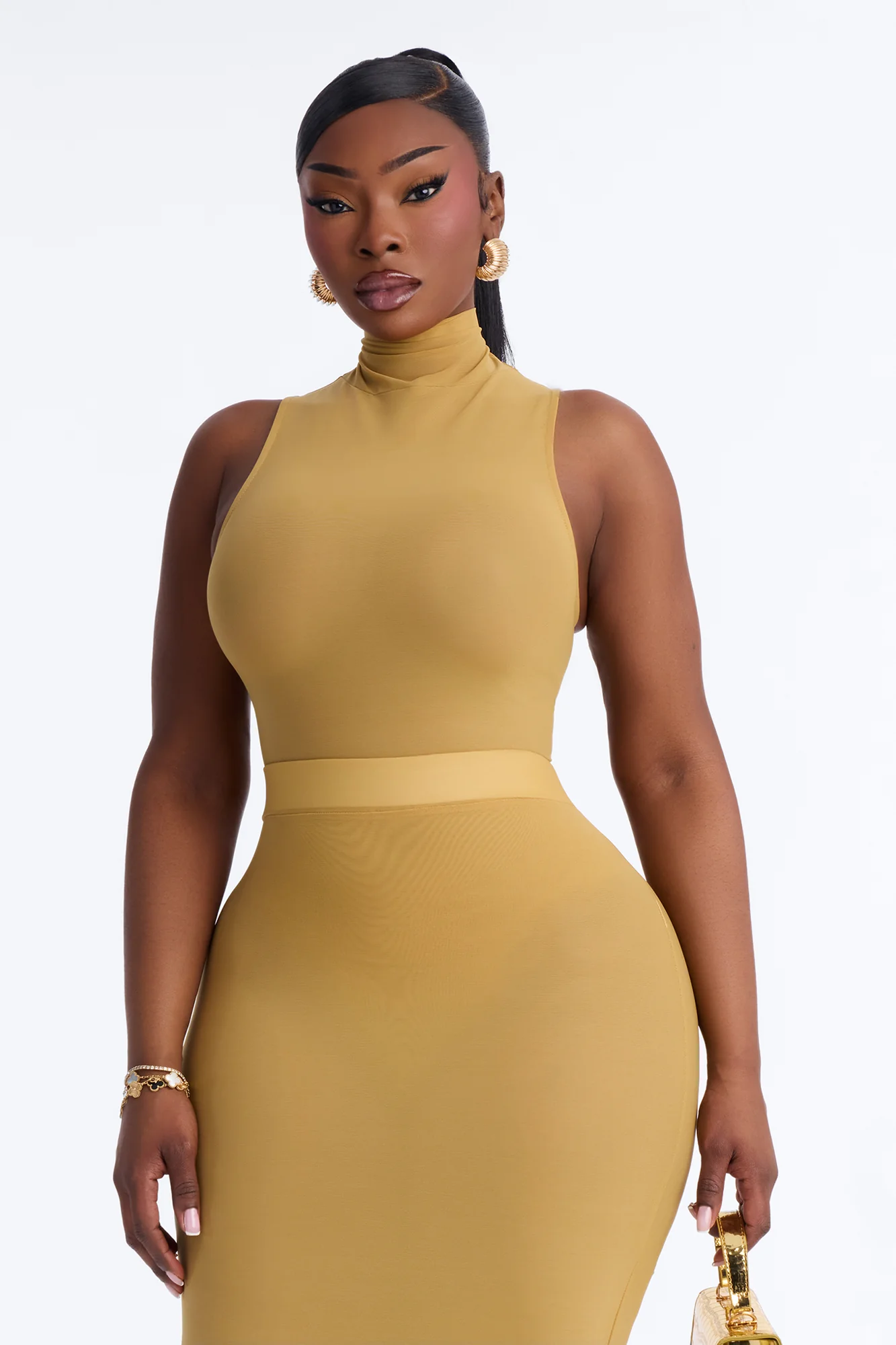 Power Mesh Turtle Neck Sleeveless Bodysuit - Honey - Image 7