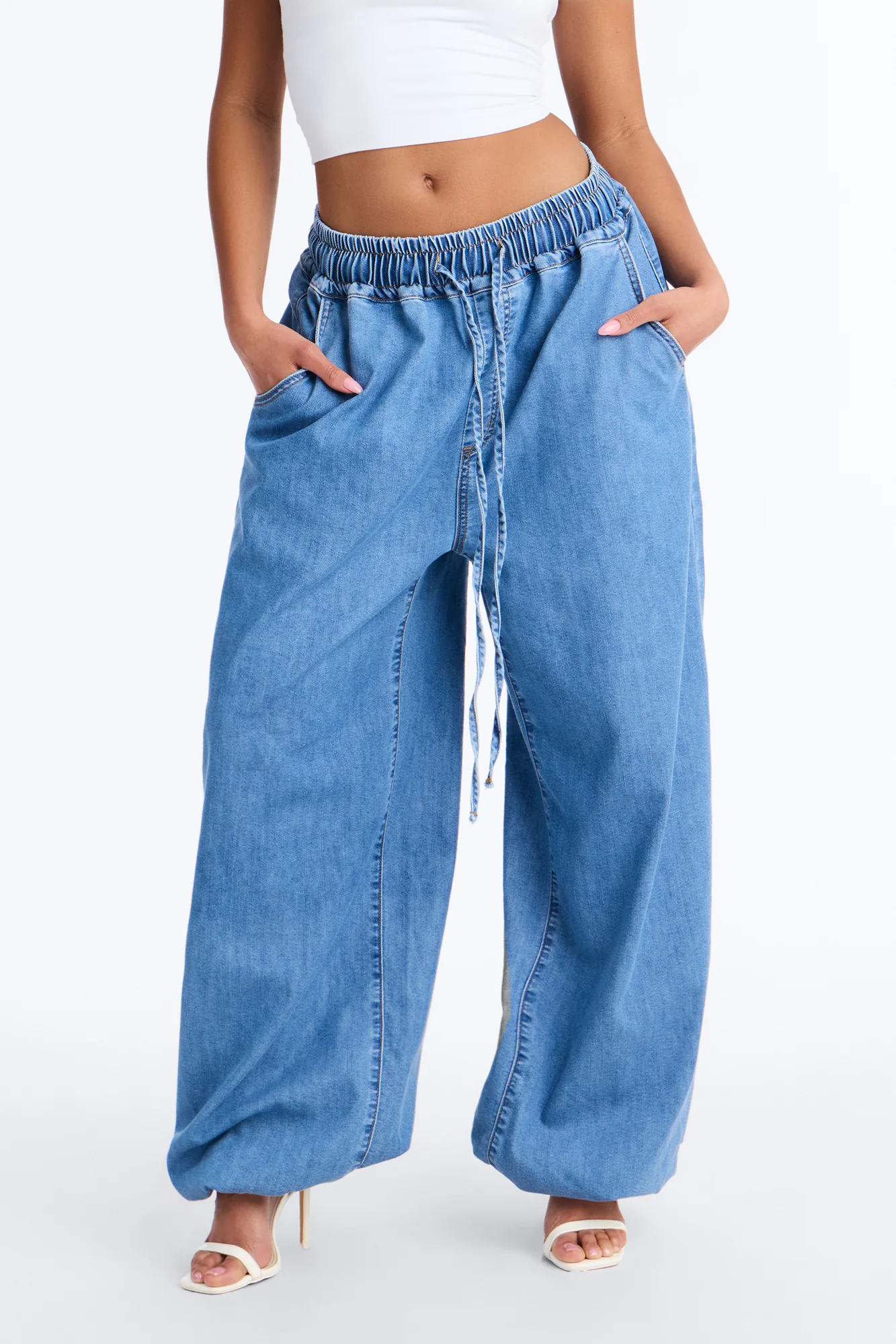 Premium Drapey Denim Baggy Jogger Jeans - Medium Wash - Image 2