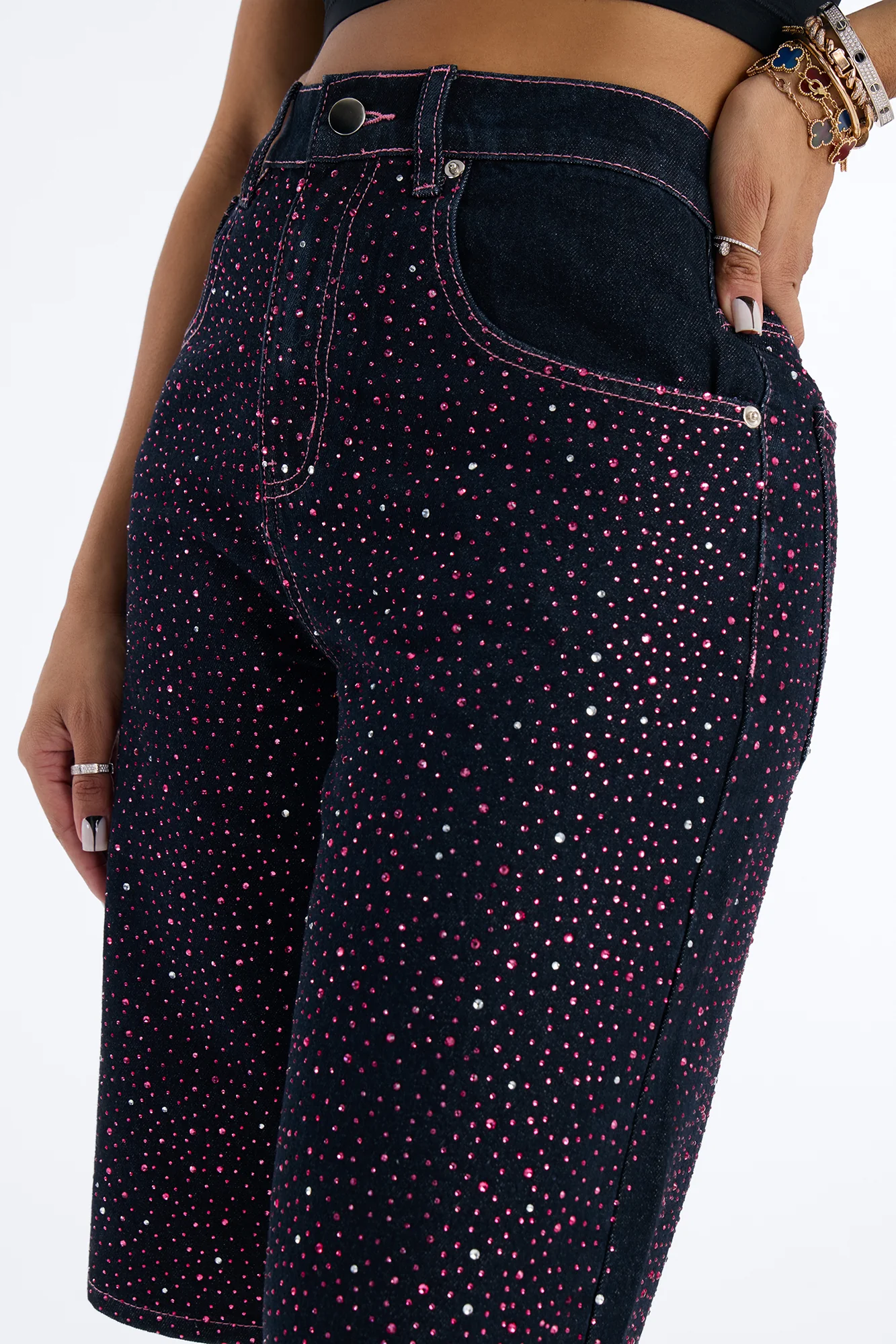 Premium Princess Rhinestone Denim Jorts - Dark Denim - Image 3