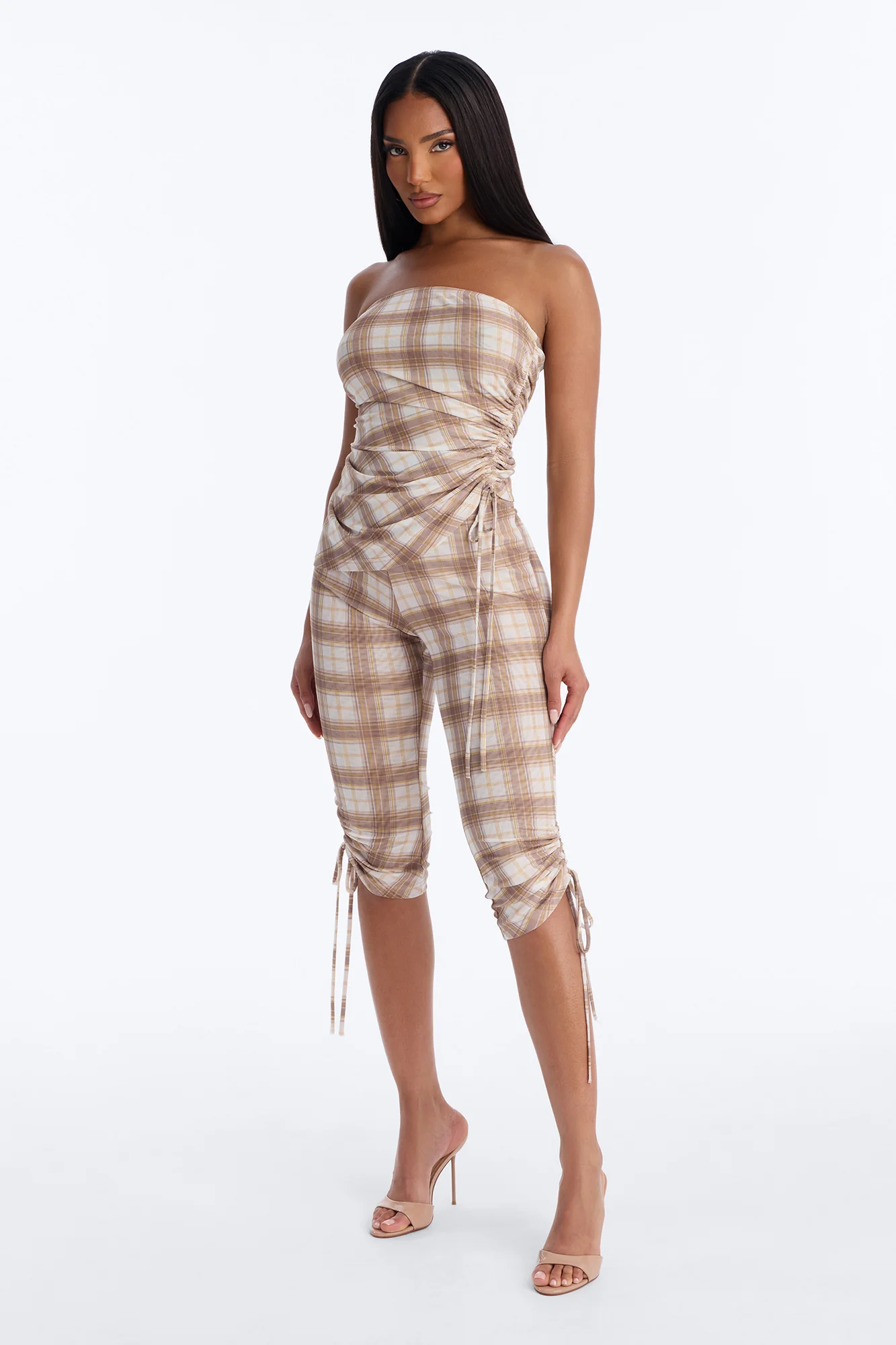 Preppy Plaid Cutie Mesh Capri Set - Taupe/combo