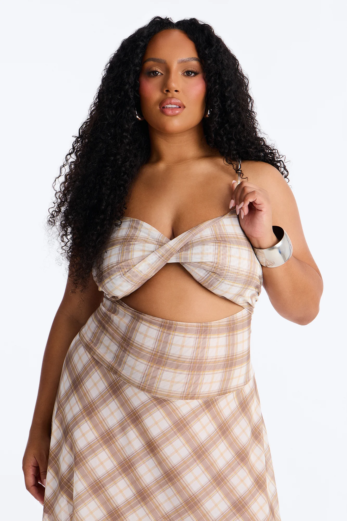 Preppy Plaid Mesh Cutie Midi Dress - Taupe/combo - Image 6