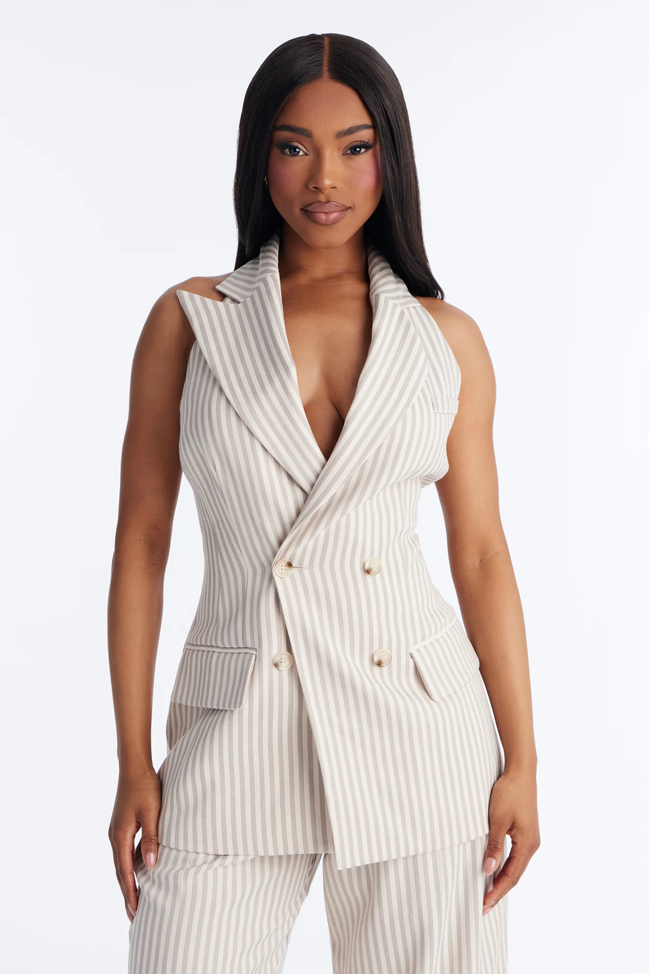 Prestige Vest Pinstripe Pant Set - Beige - Image 2
