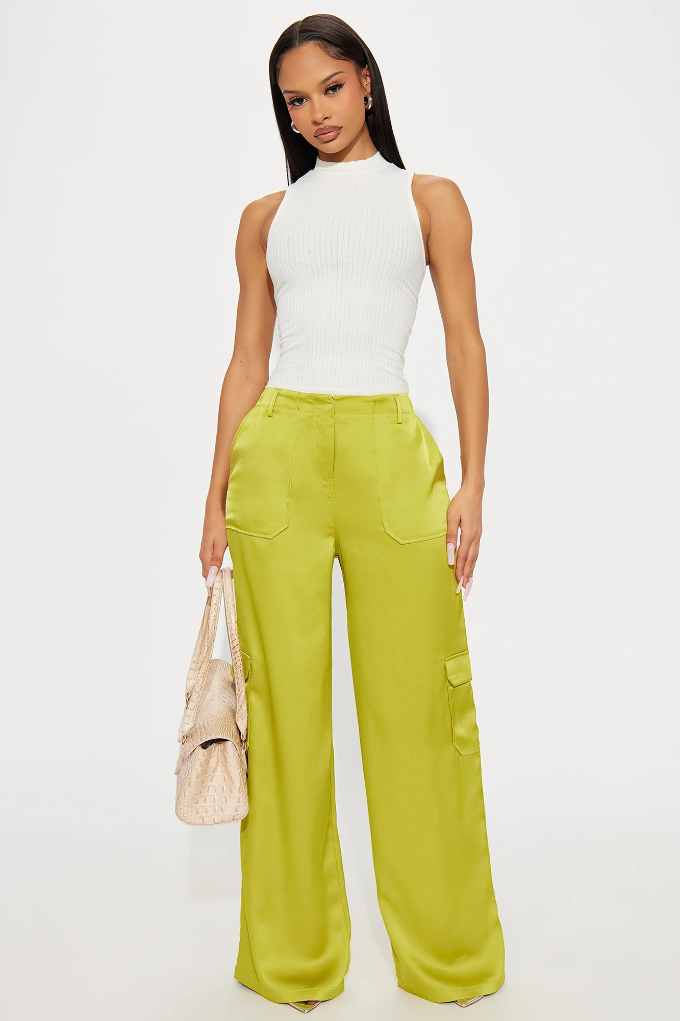 Pretty Girl Satin Cargo Pant - Chartreuse