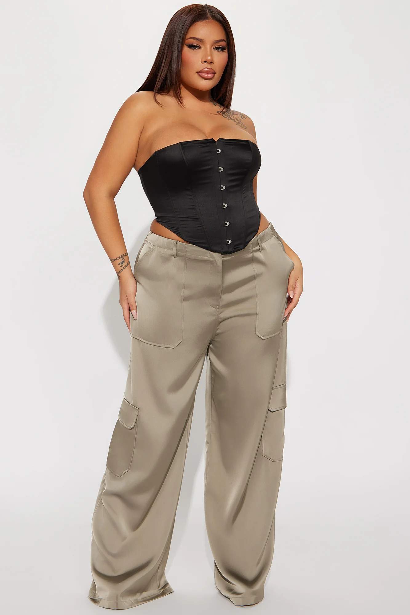 Pretty Girl Satin Cargo Pant - Olive - Image 4