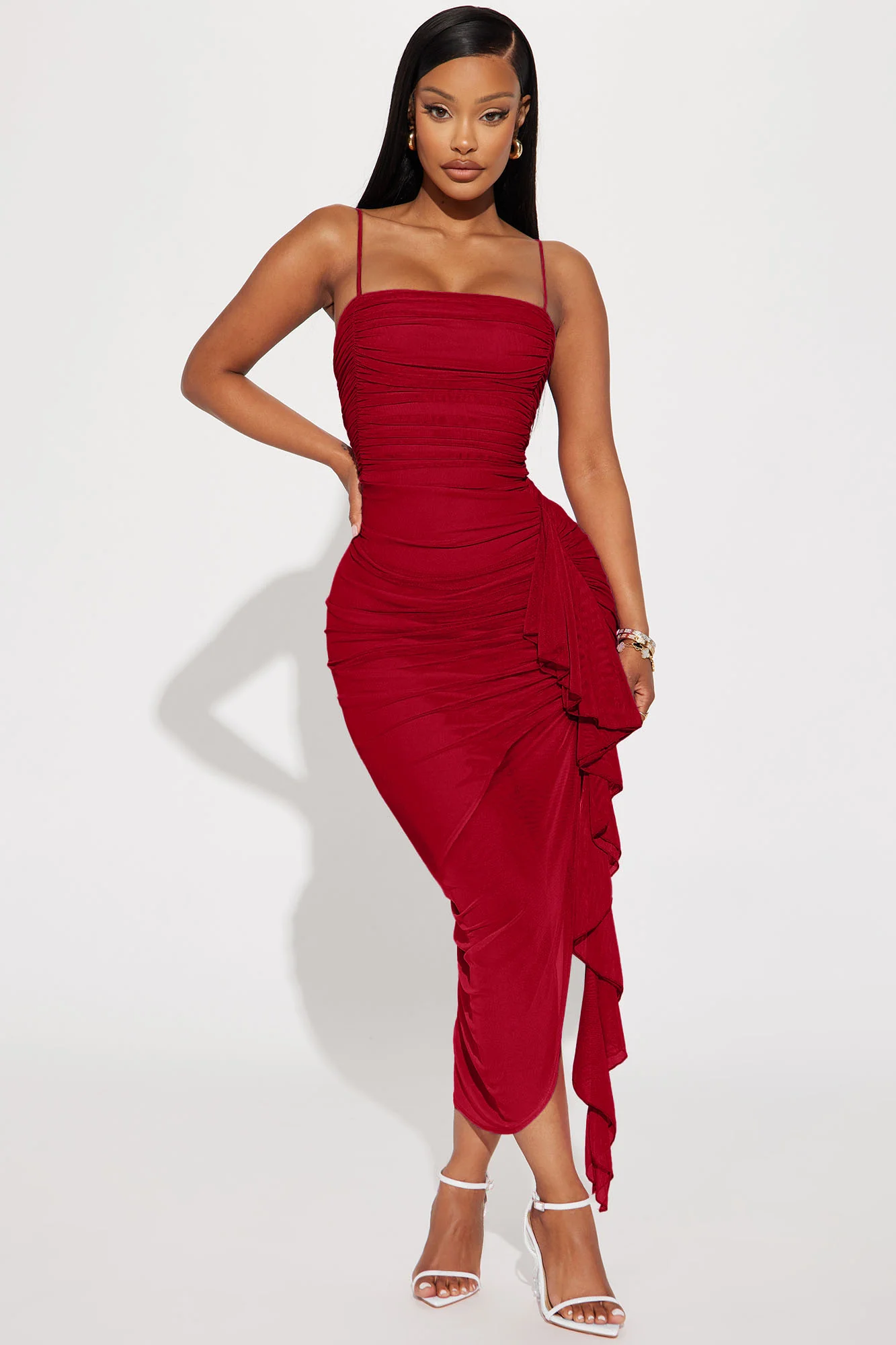 Pretty Lady Ruched Midi Dress - Red