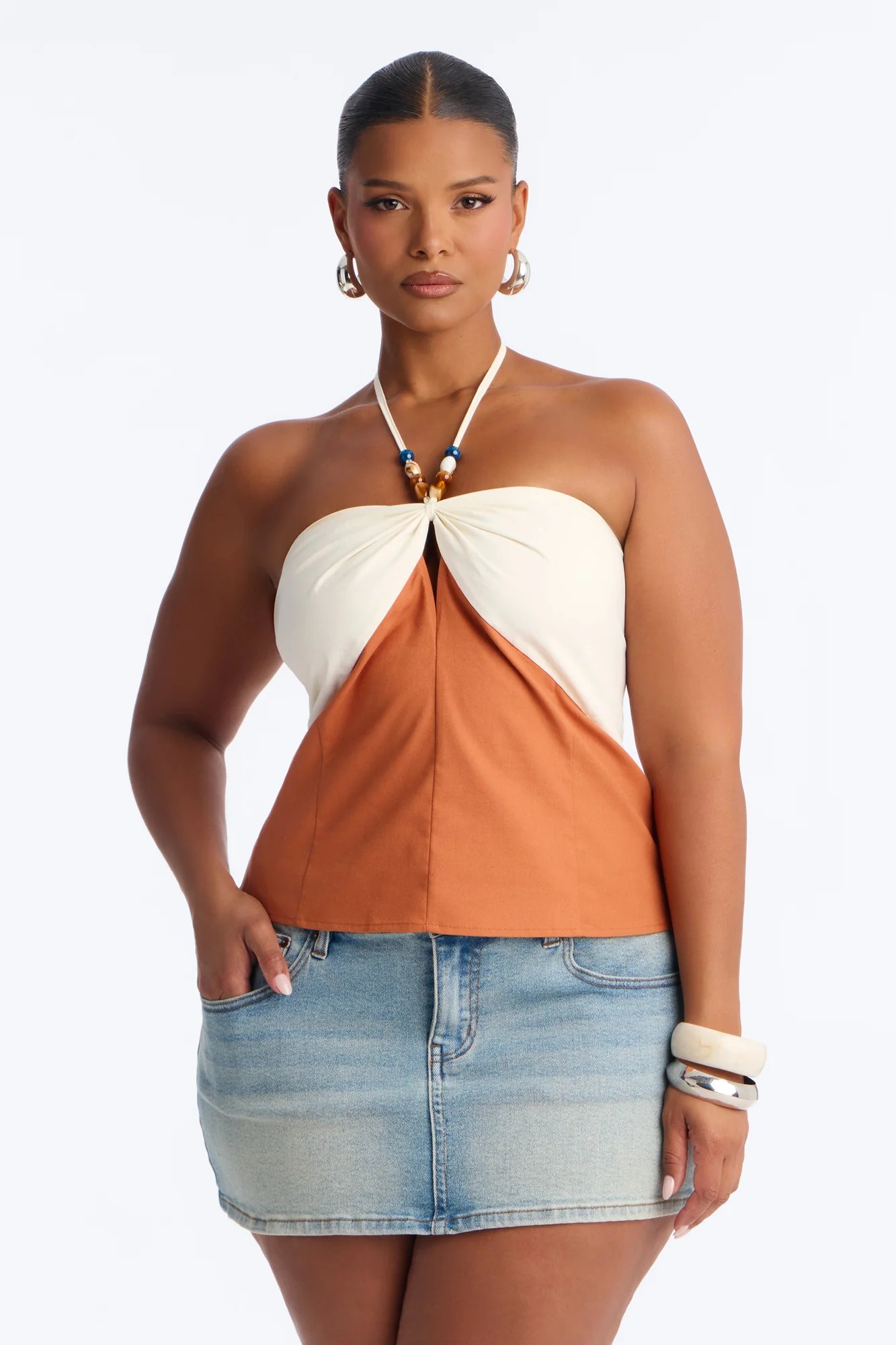 Pretty Playful Beaded Contrast Linen Halter Top - Cream/combo - Image 5