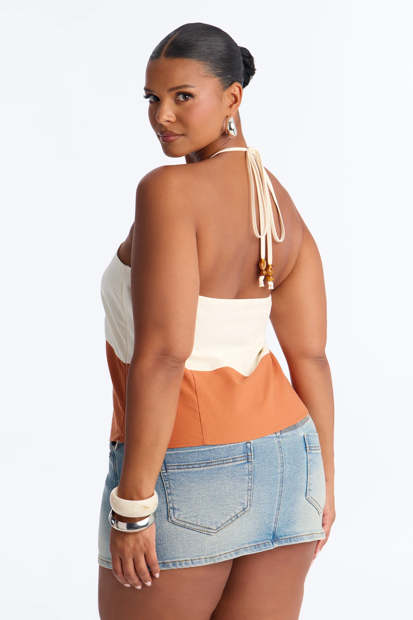 Pretty Playful Beaded Contrast Linen Halter Top - Cream/combo - Image 8