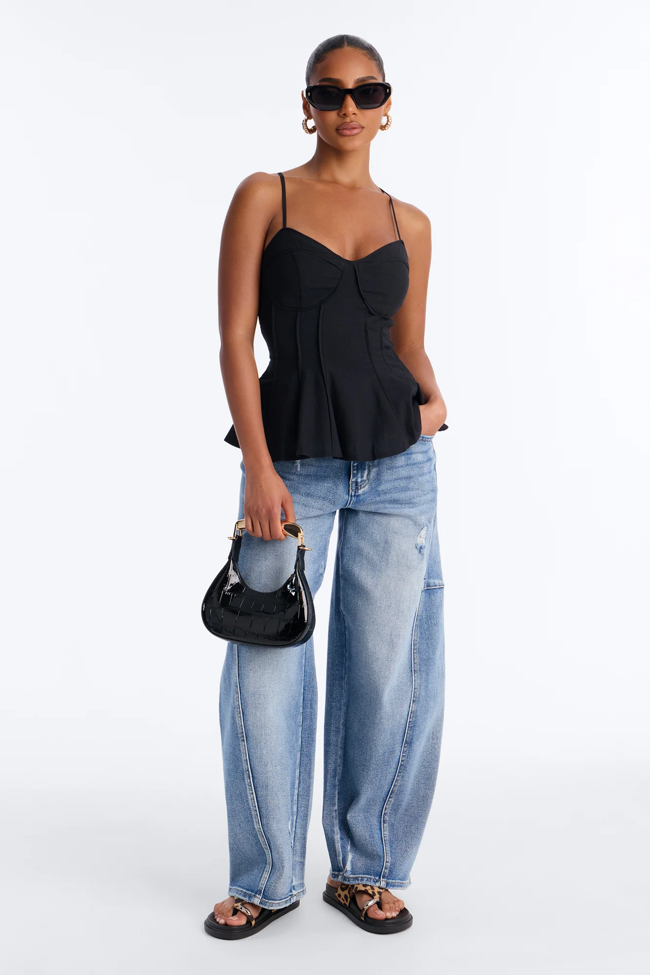 Pretty Please Peplum Linen Babydoll Top - Black - Image 2
