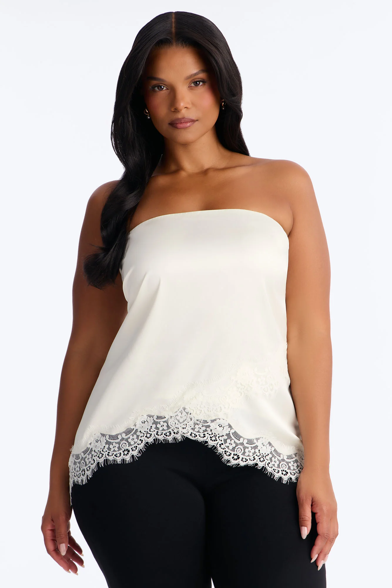 Pretty Poison Lace Trim Satin Tube Top - White - Image 5