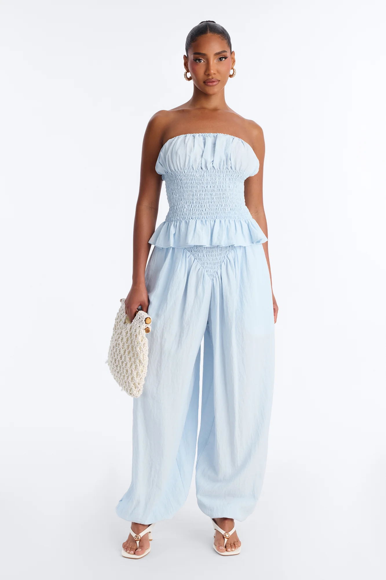Pretty Thing Peplum Smocked Balloon Pant Set - Light Blue