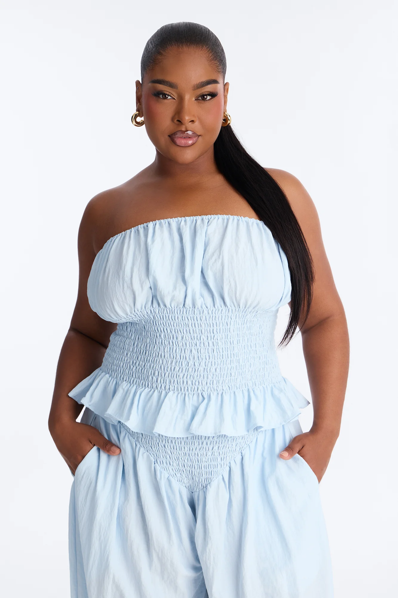 Pretty Thing Peplum Smocked Balloon Pant Set - Light Blue - Image 6