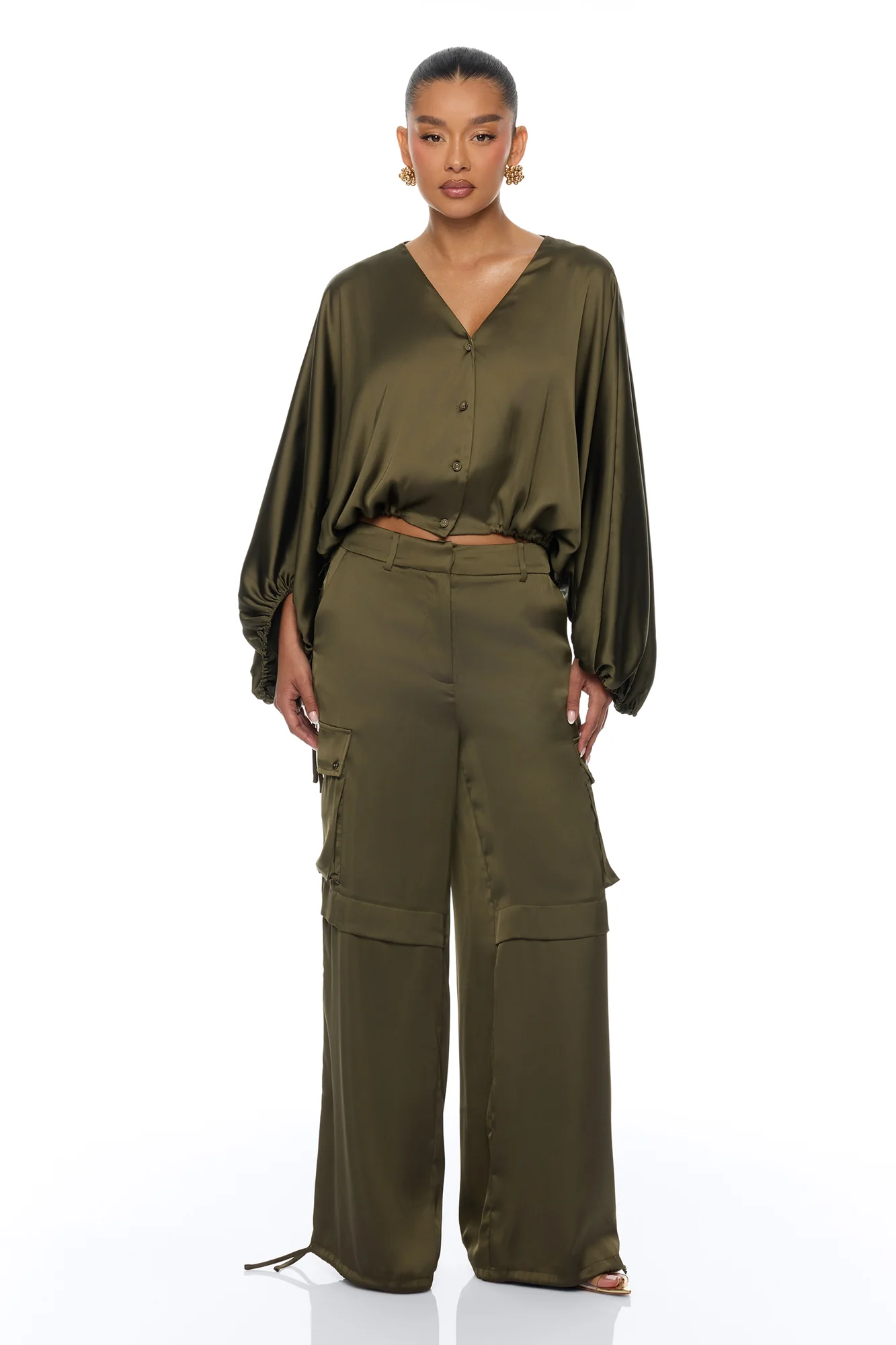Priya Cargo Satin Pant Set - Olive