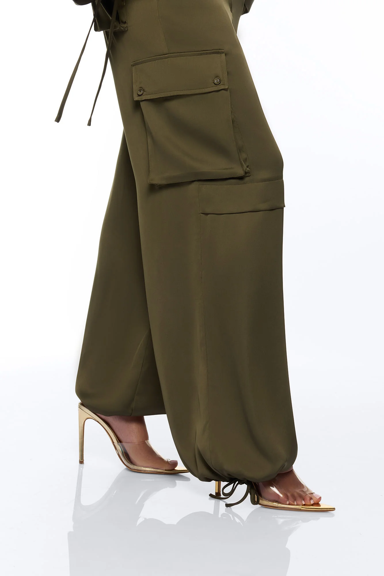 Priya Cargo Satin Pant Set - Olive - Image 3