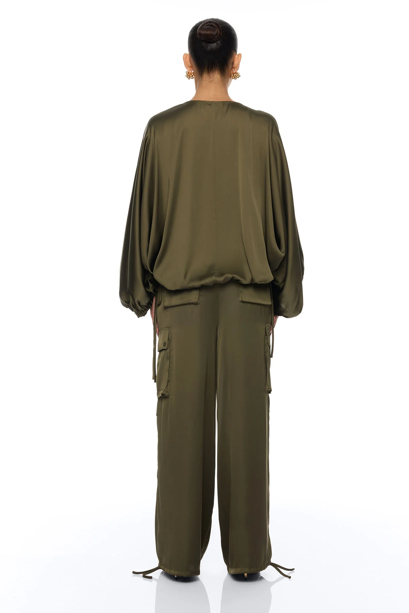 Priya Cargo Satin Pant Set - Olive - Image 4