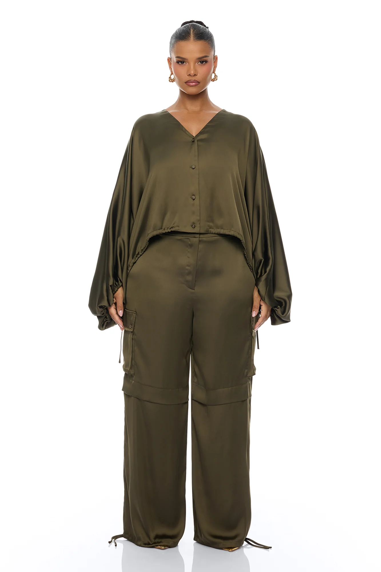Priya Cargo Satin Pant Set - Olive - Image 5