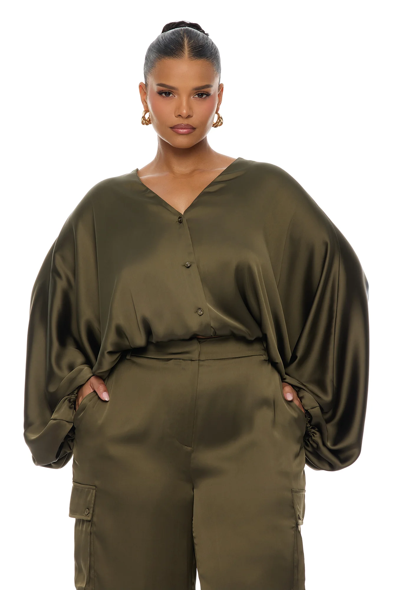 Priya Cargo Satin Pant Set - Olive - Image 6