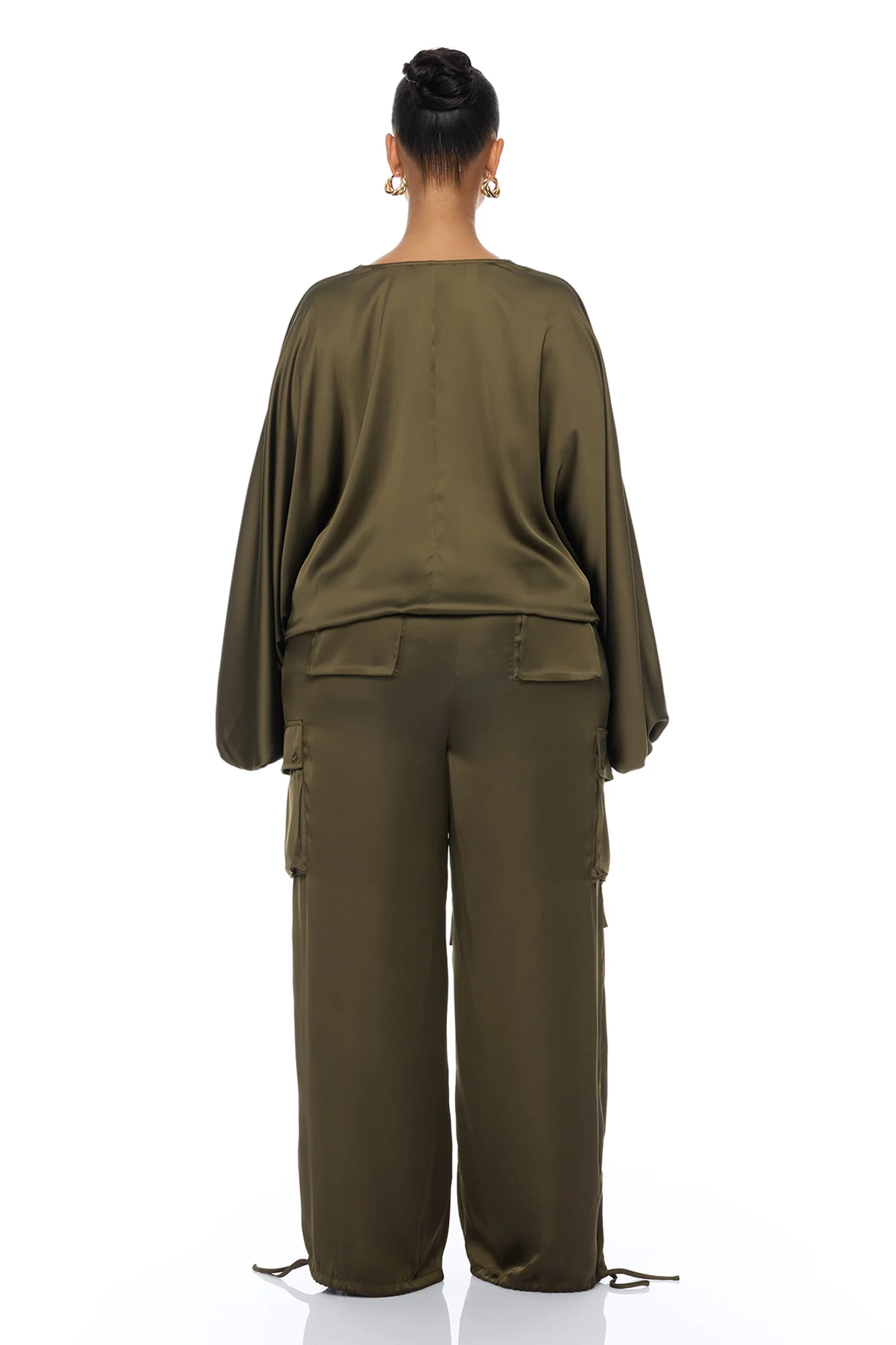 Priya Cargo Satin Pant Set - Olive - Image 8