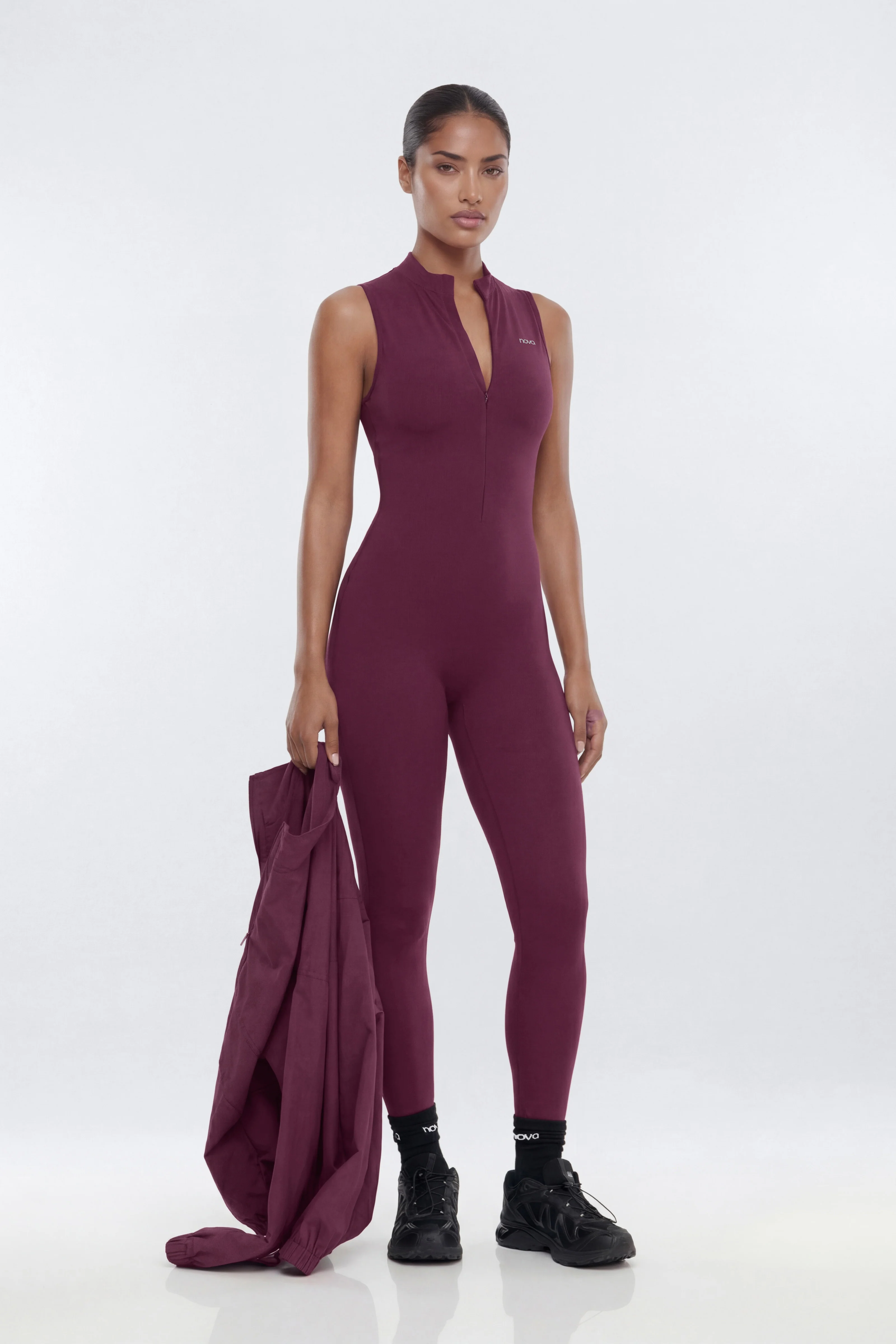 ProStretch™ 27″ Zip Up Mock Neck Skinny Jumpsuit - Merlot - Image 2