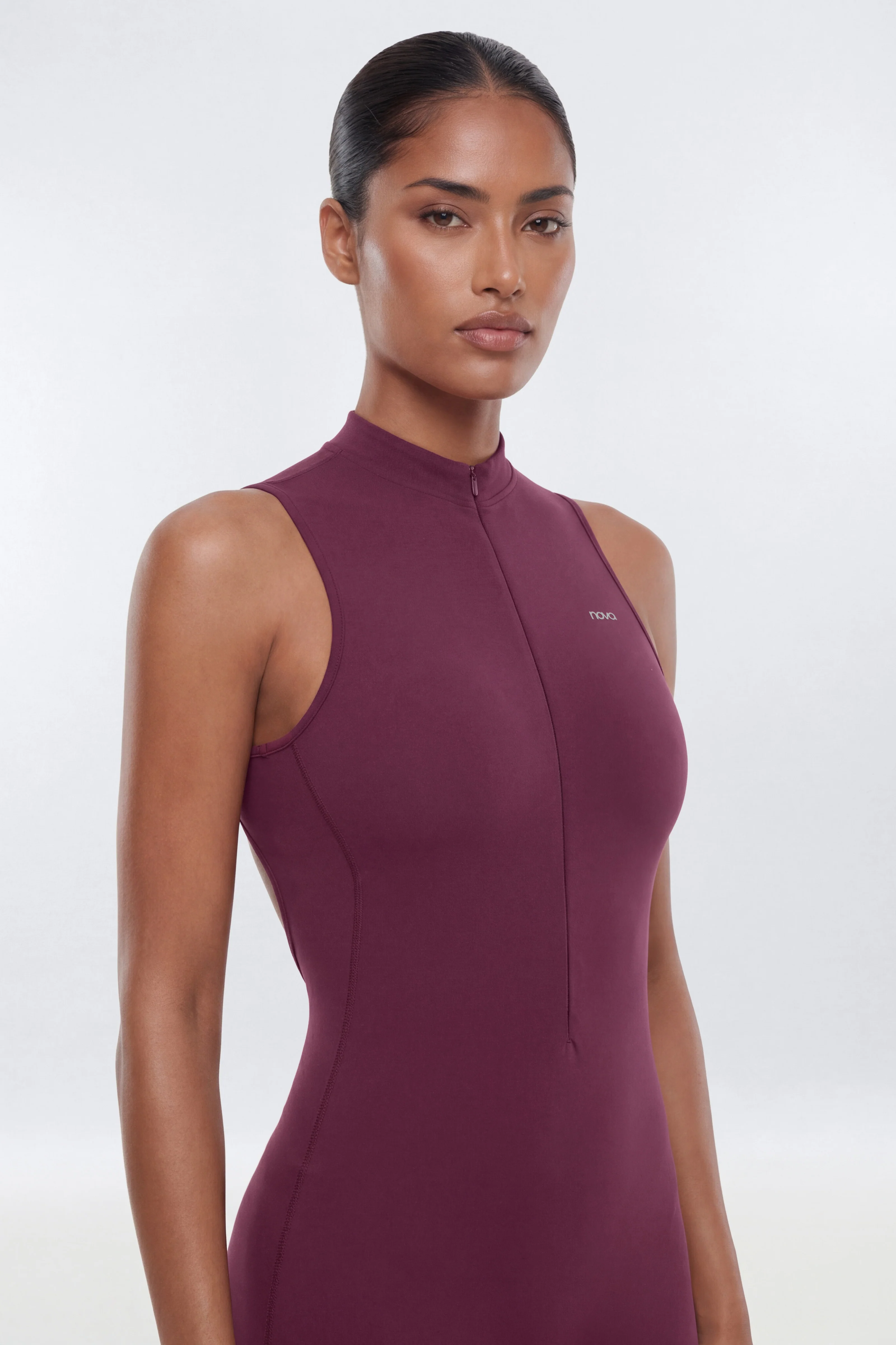 ProStretch™ 27″ Zip Up Mock Neck Skinny Jumpsuit - Merlot - Image 4