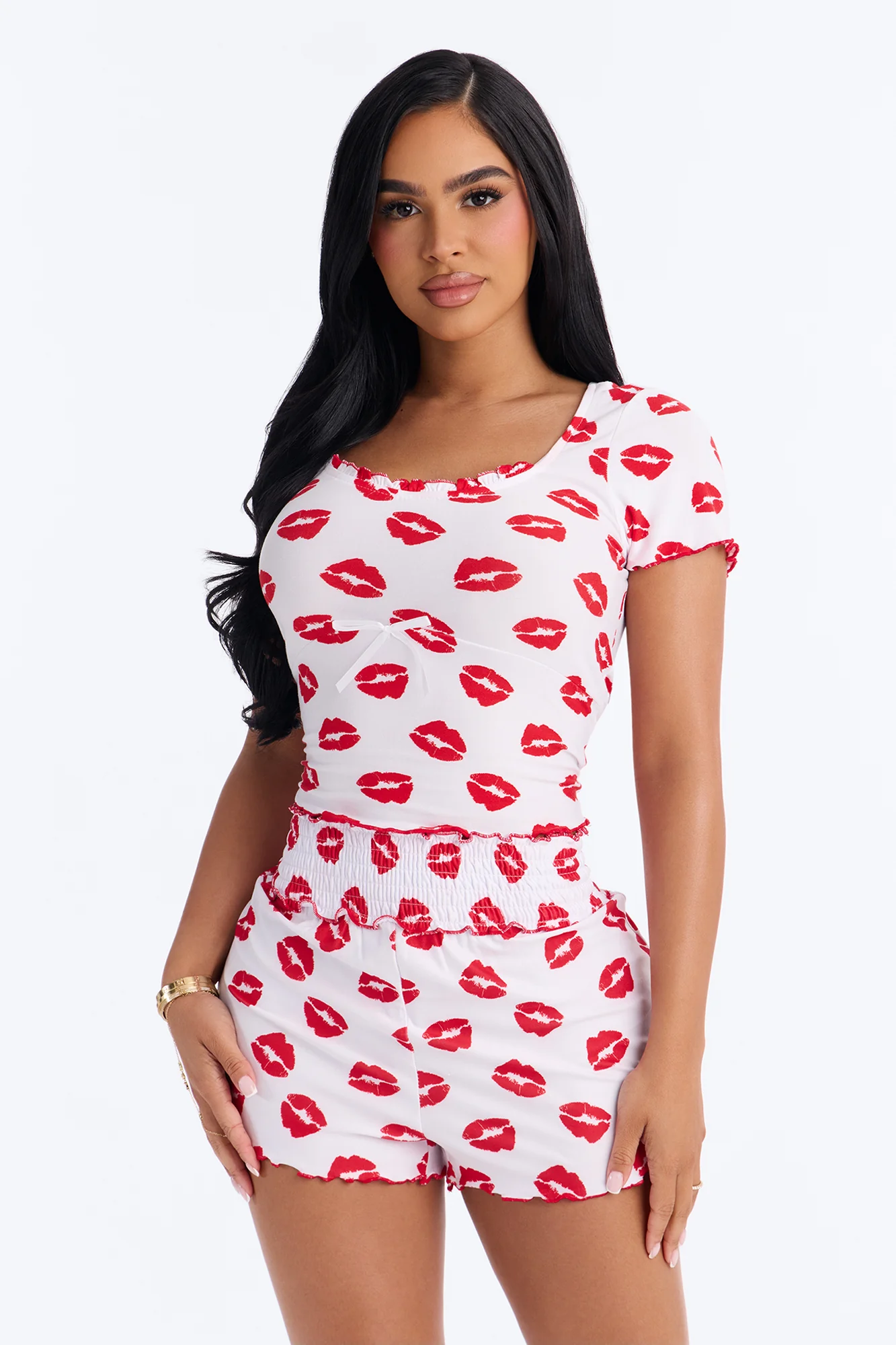 Pucker Up Babe Short Sleeve Square Neck Contrast Ruffle PJ Short Set - White/combo