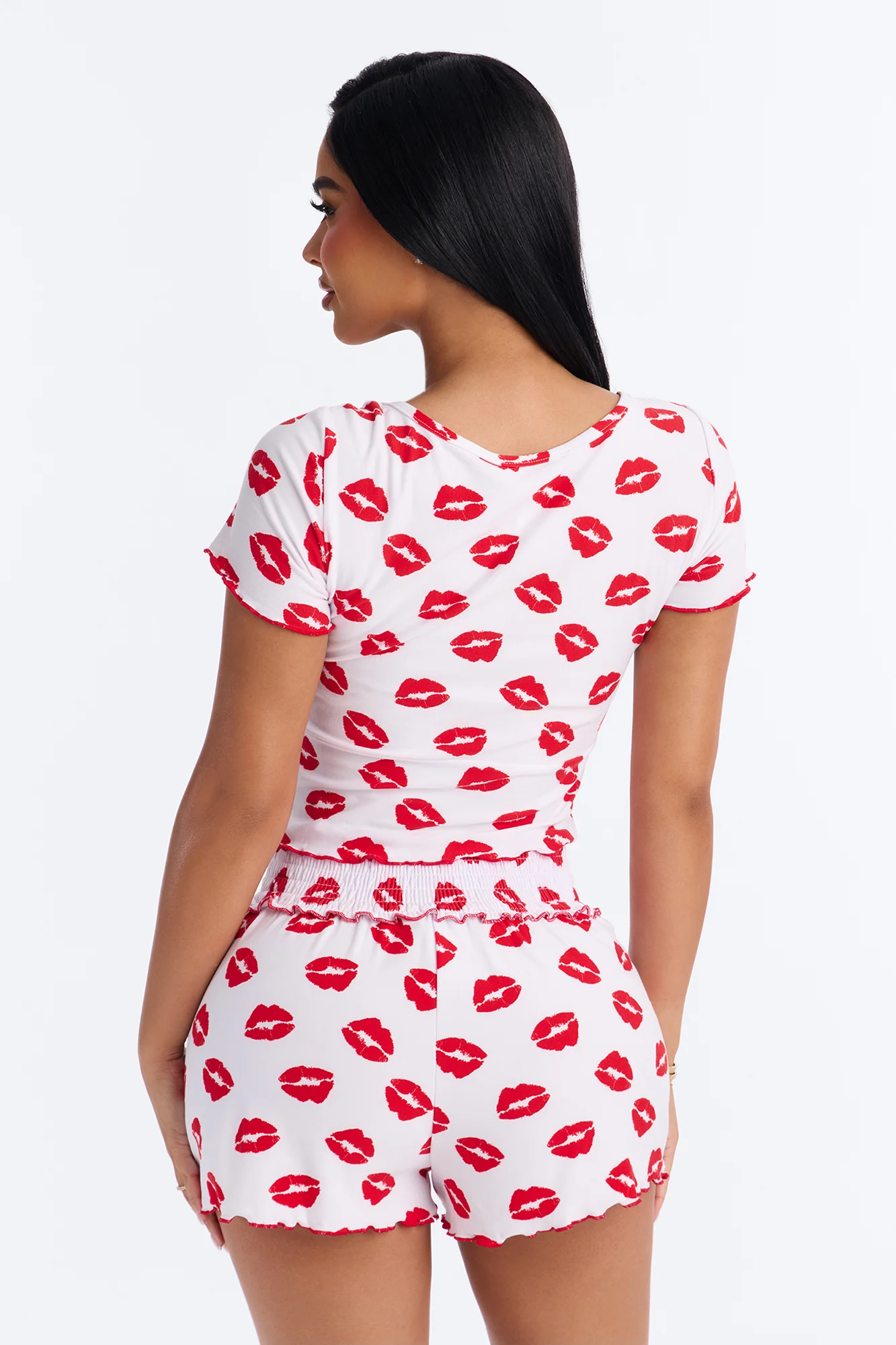 Pucker Up Babe Short Sleeve Square Neck Contrast Ruffle PJ Short Set - White/combo - Image 4