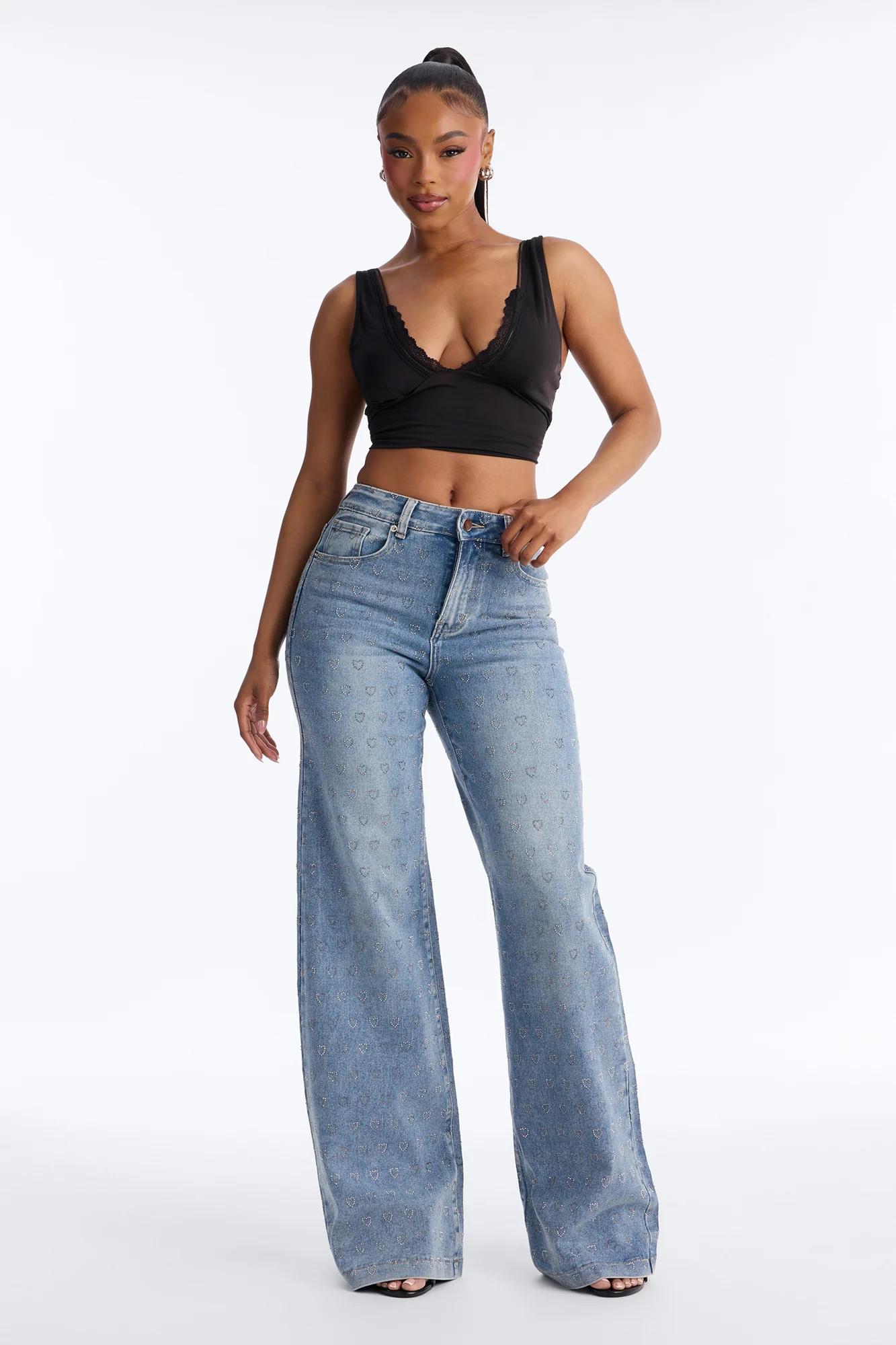 Pulling Heartstrings Stretch Wide Leg Jeans - Light Wash - Image 2