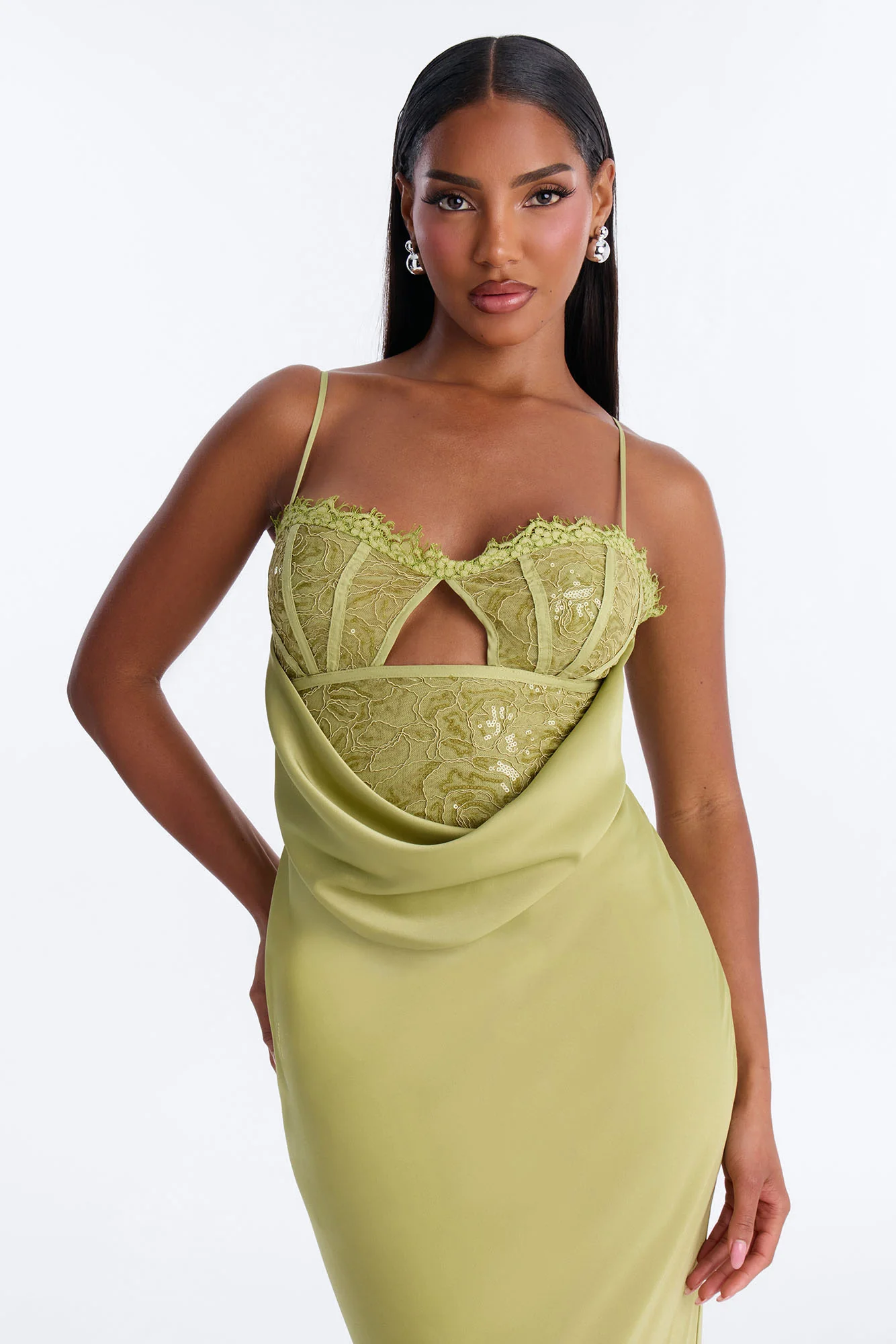 Pure Confidence Lace Satin Maxi Dress - Sage - Image 2