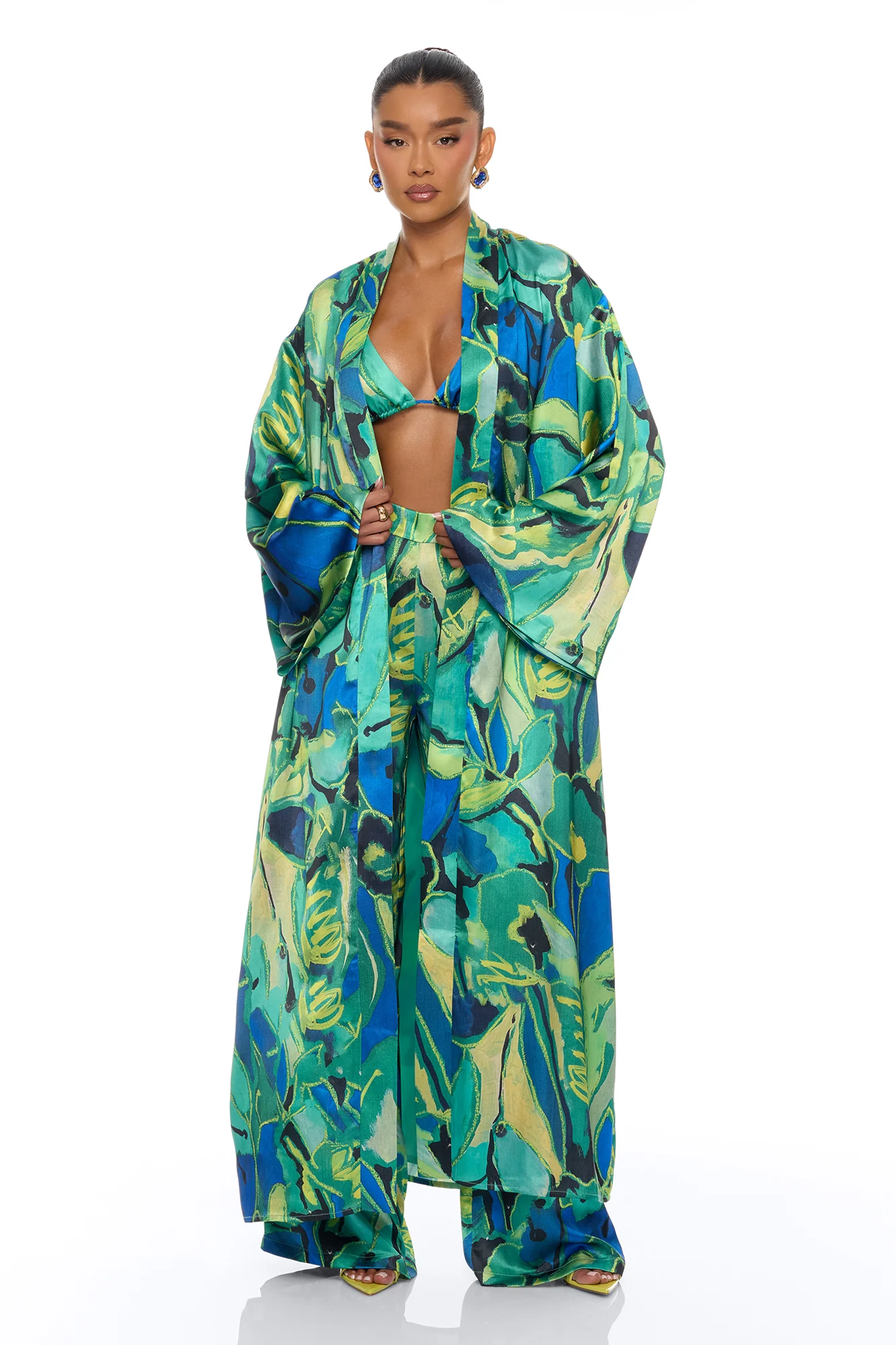 Pure Luxury 3 Piece Satin Kimono Set - Green/combo