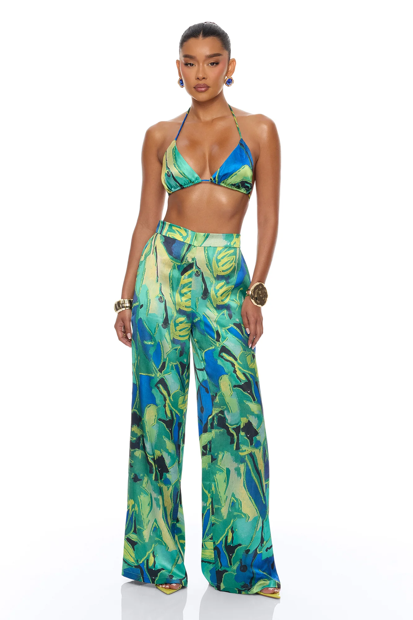 Pure Luxury 3 Piece Satin Kimono Set - Green/combo - Image 2