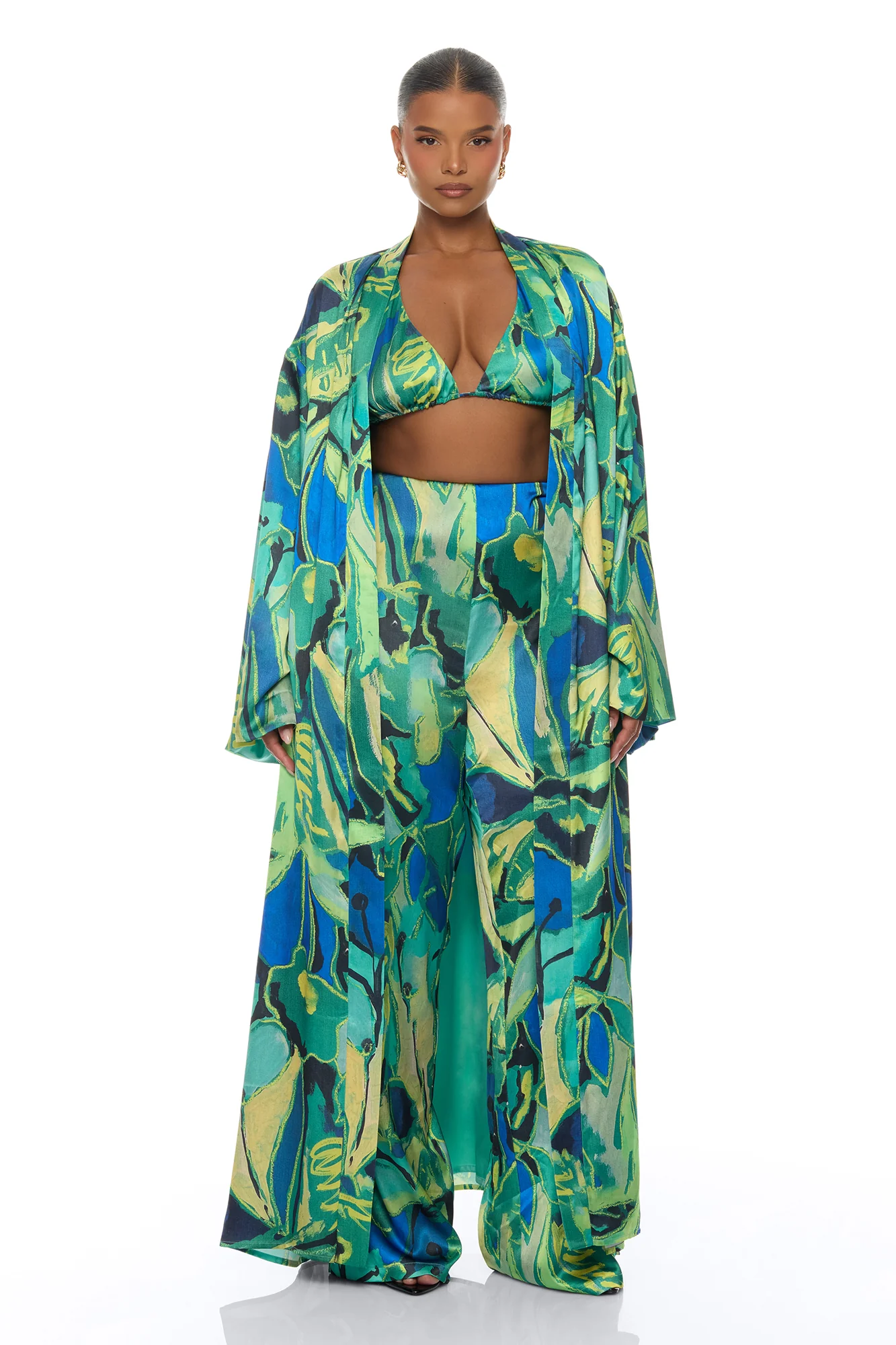 Pure Luxury 3 Piece Satin Kimono Set - Green/combo - Image 6