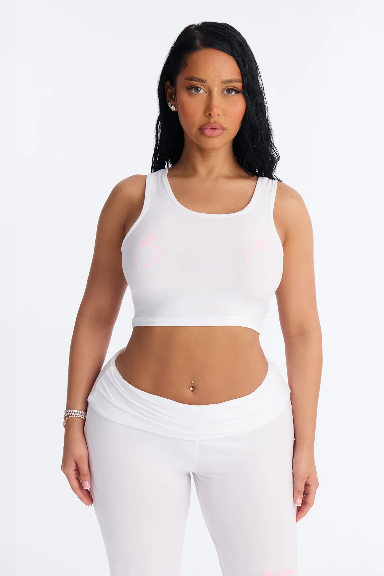 Put A Ring On It Tank & Foldover Pant PJ Set - White/Pink - Image 2