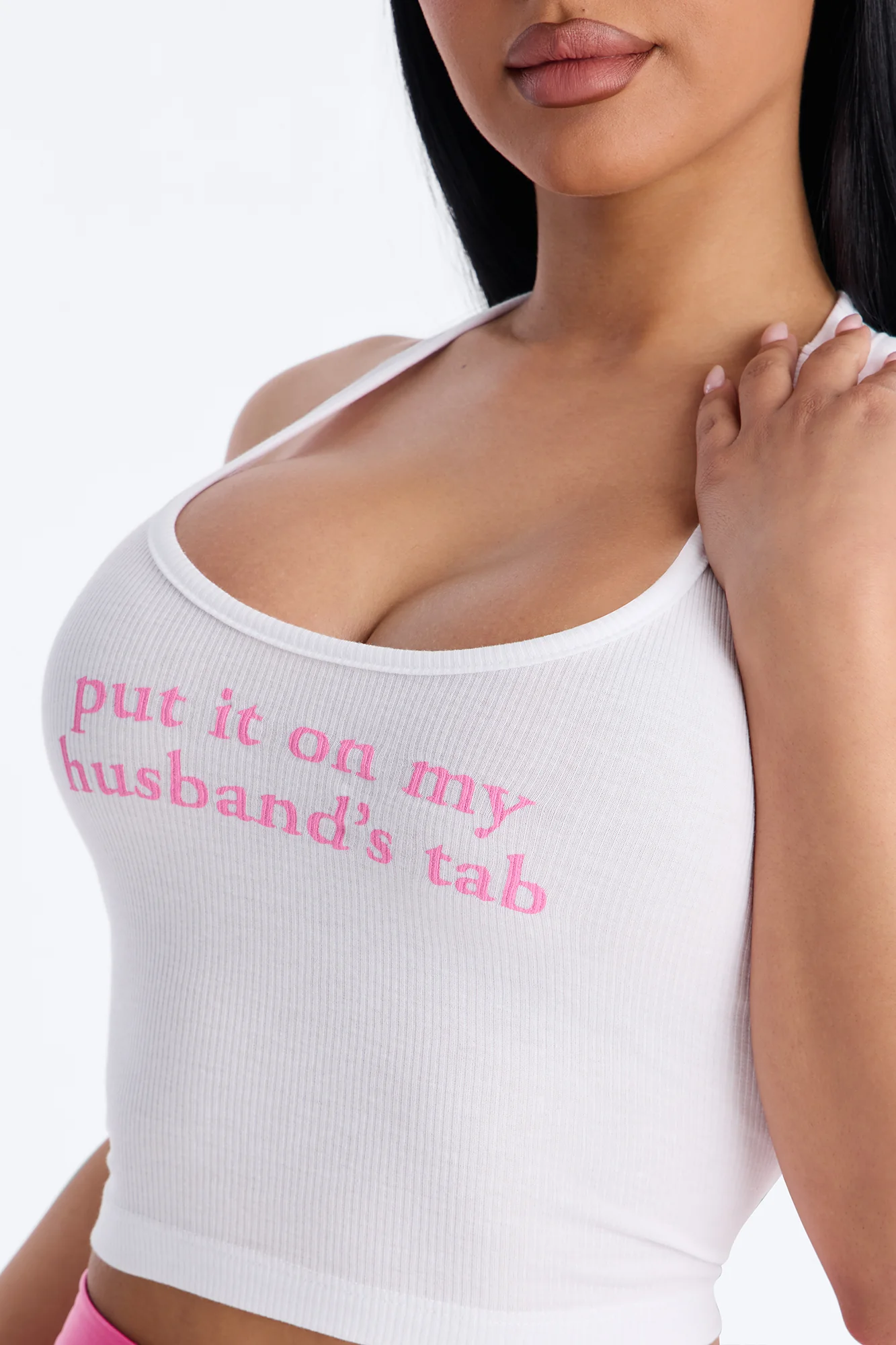 Put It On My Husband's Tab Halter Tank - White - Image 3