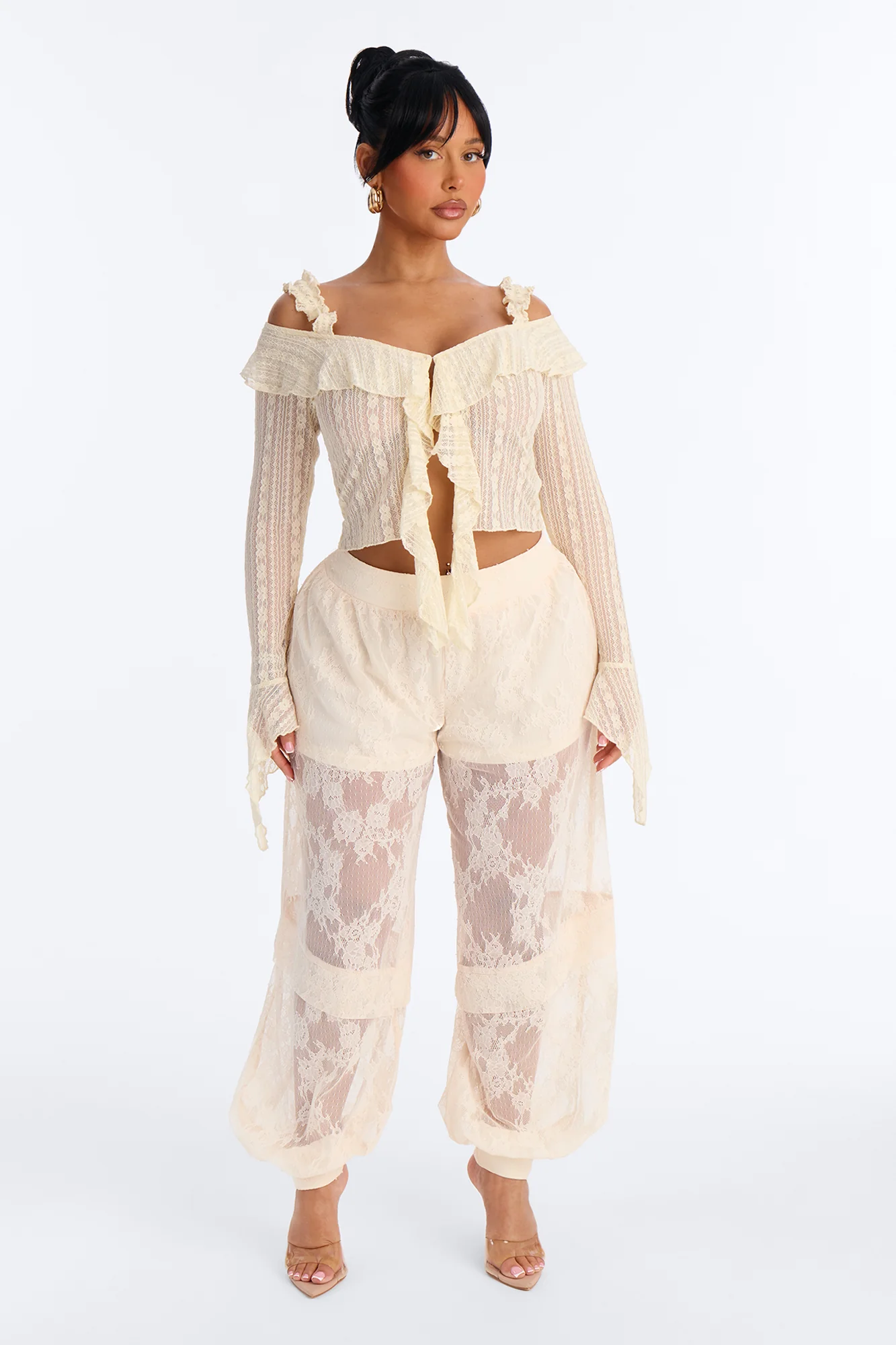 Queen Bee Mid Rise Lacey Jogger Pant - Ivory