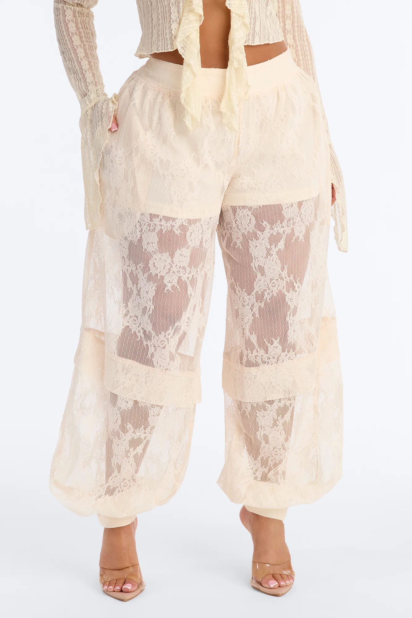 Queen Bee Mid Rise Lacey Jogger Pant - Ivory - Image 2