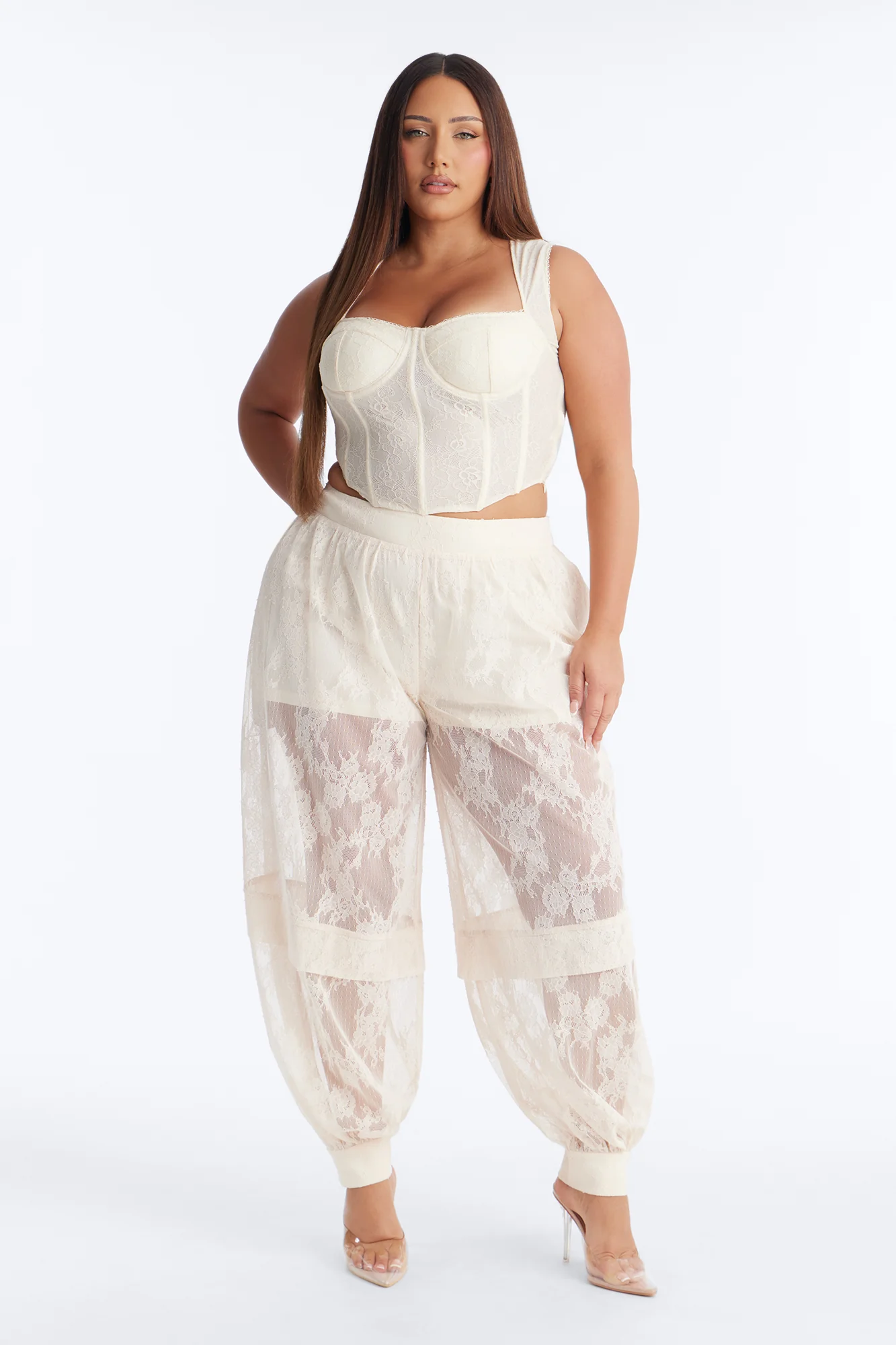 Queen Bee Mid Rise Lacey Jogger Pant - Ivory - Image 5