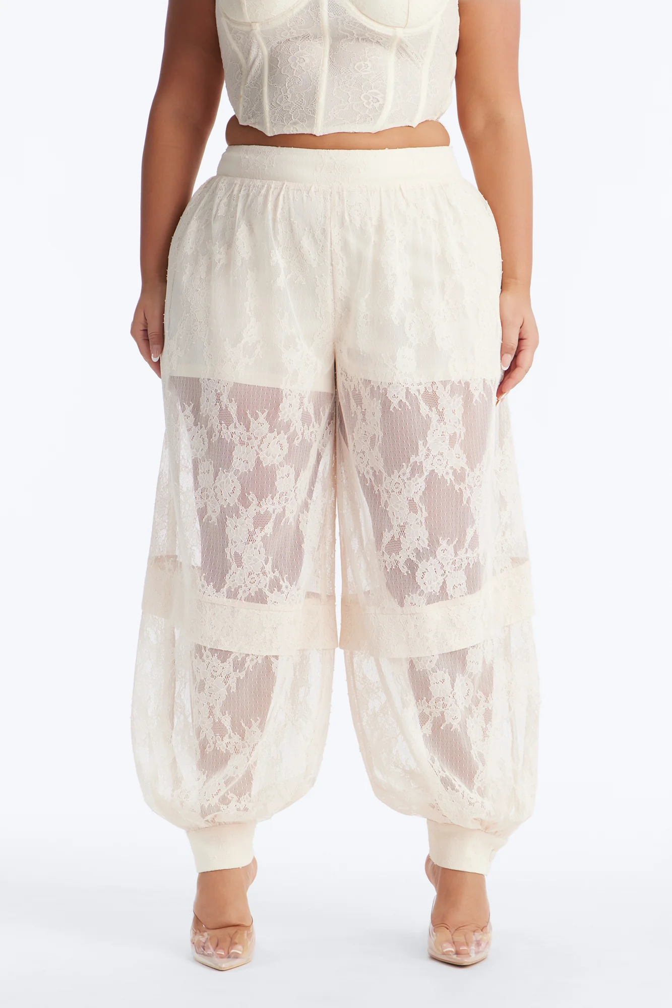 Queen Bee Mid Rise Lacey Jogger Pant - Ivory - Image 6