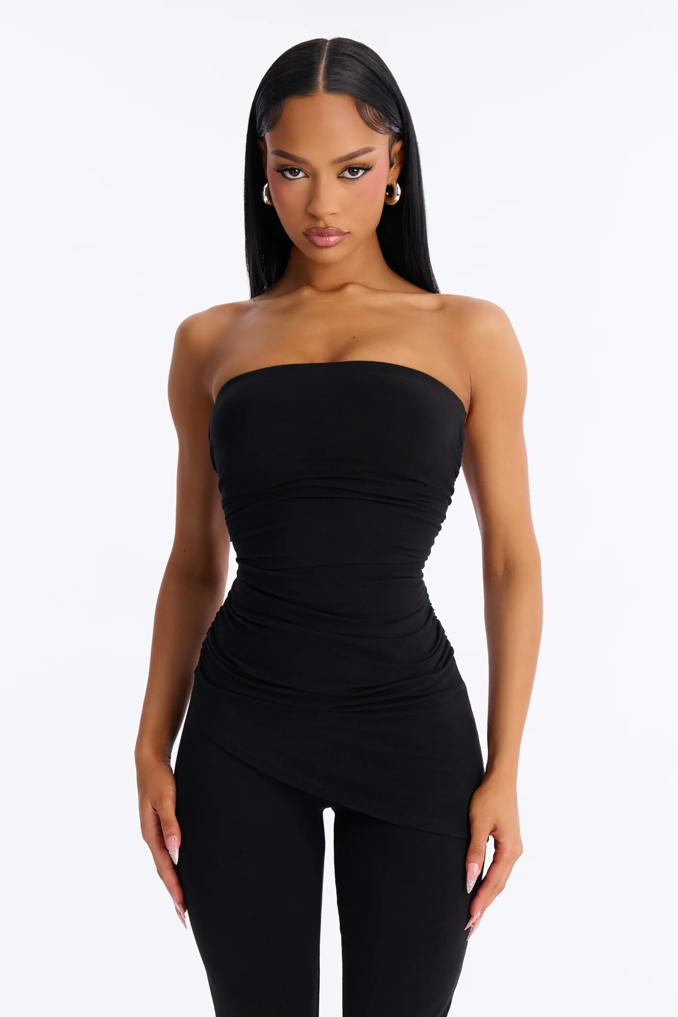 Quinn Asymmetrical Ruched Tube Top - Black