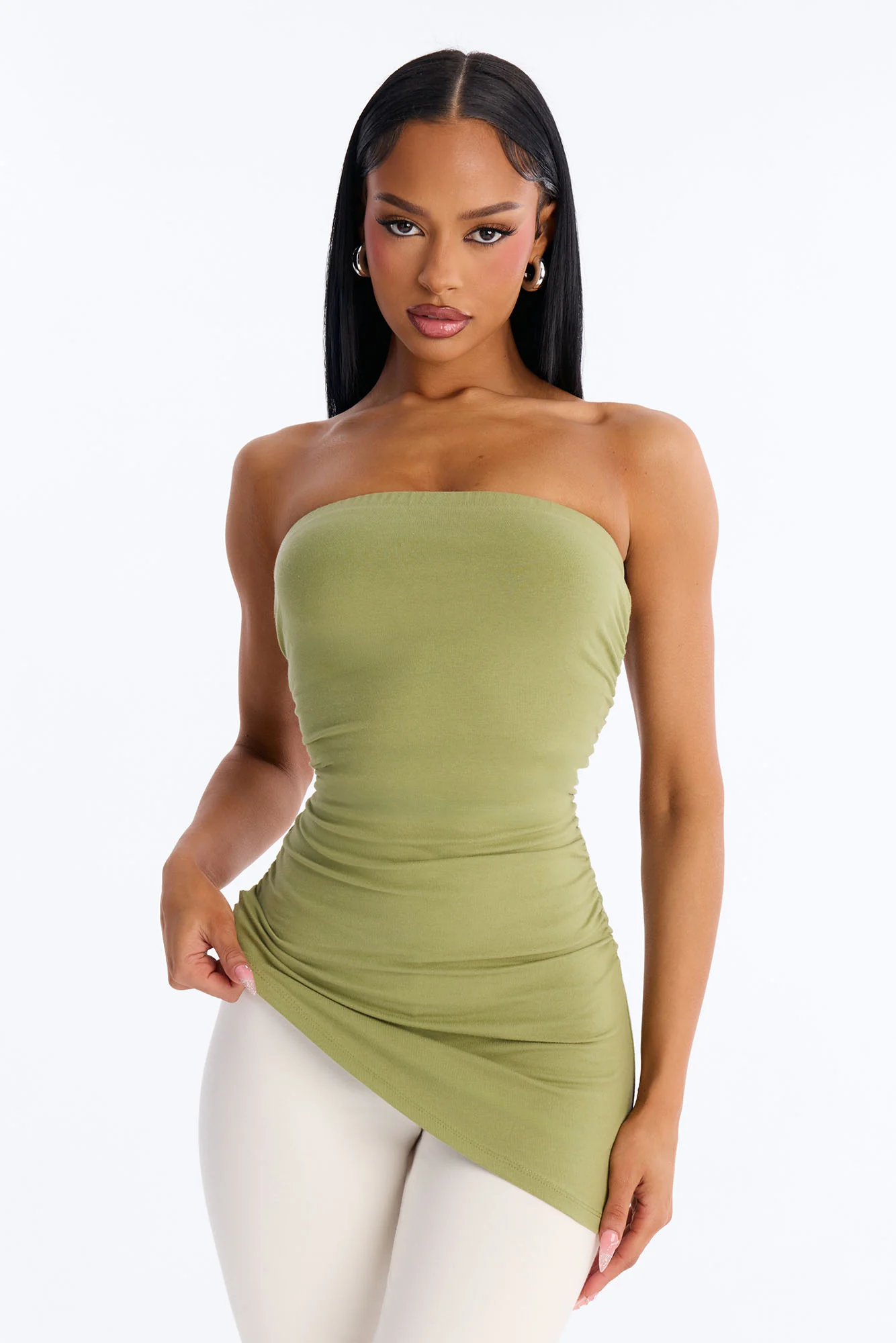 Quinn Asymmetrical Ruched Tube Top - Moss
