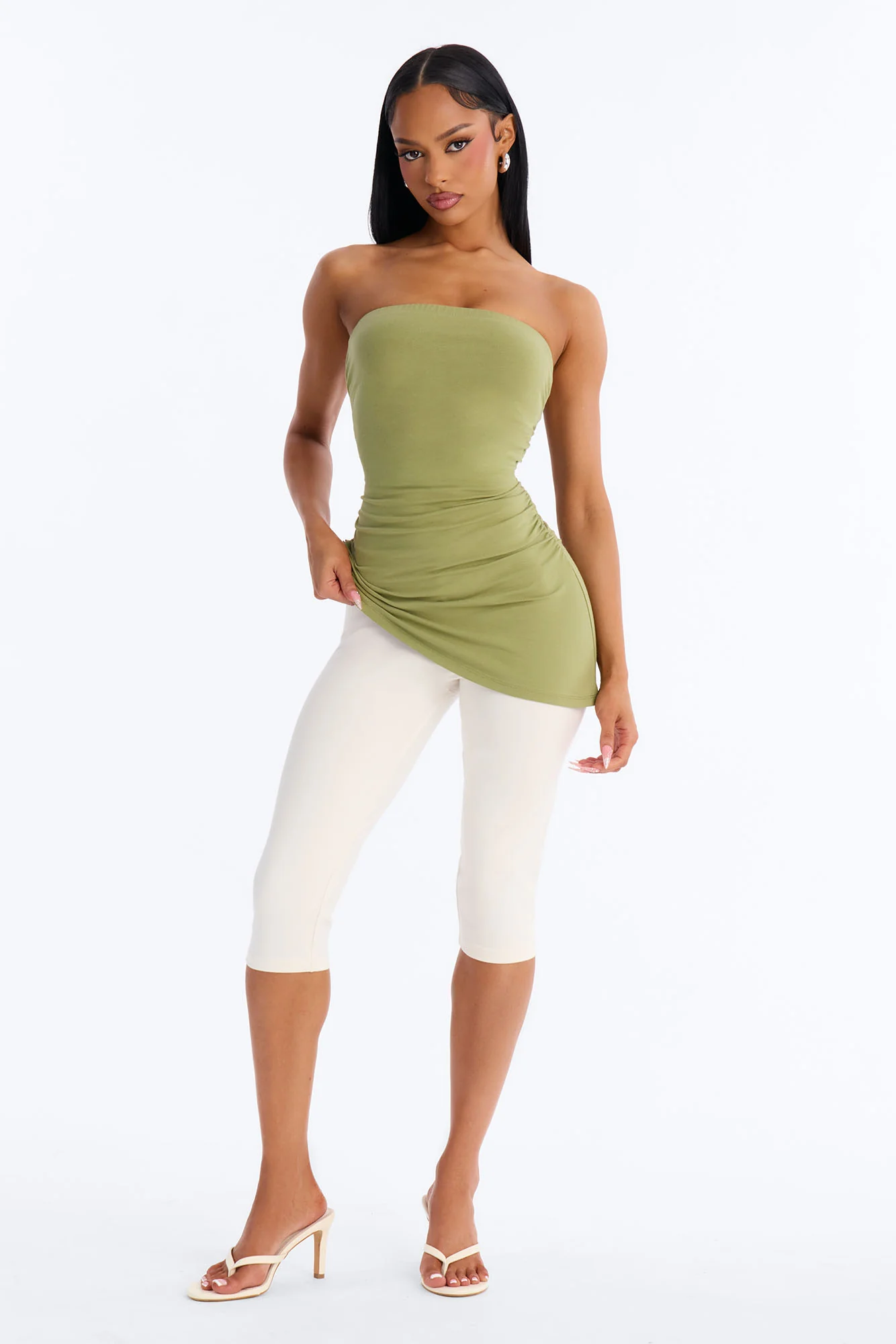 Quinn Asymmetrical Ruched Tube Top - Moss - Image 2